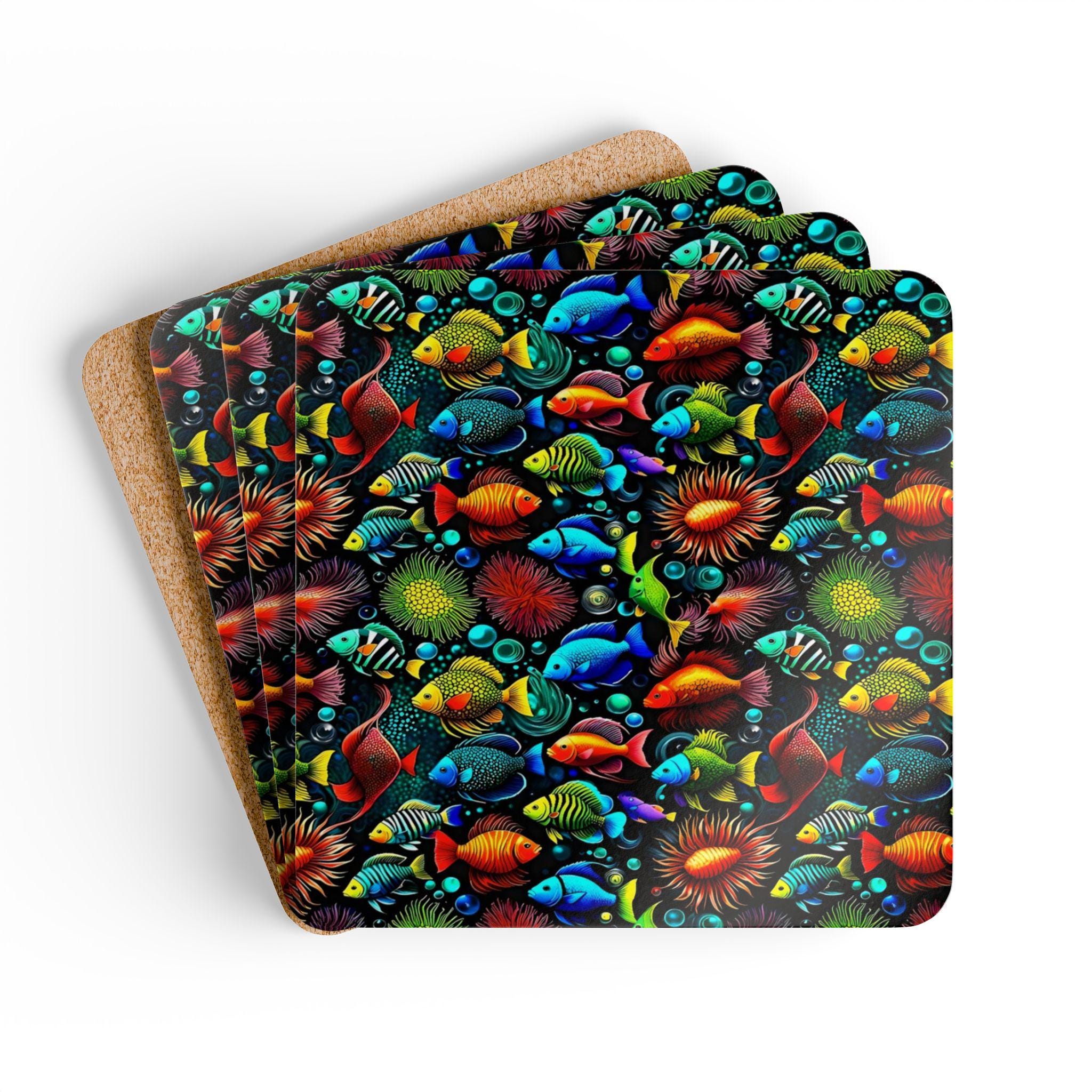 Colorful Tropical Fish Cork Coaster Set | Ocean Reef Pattern