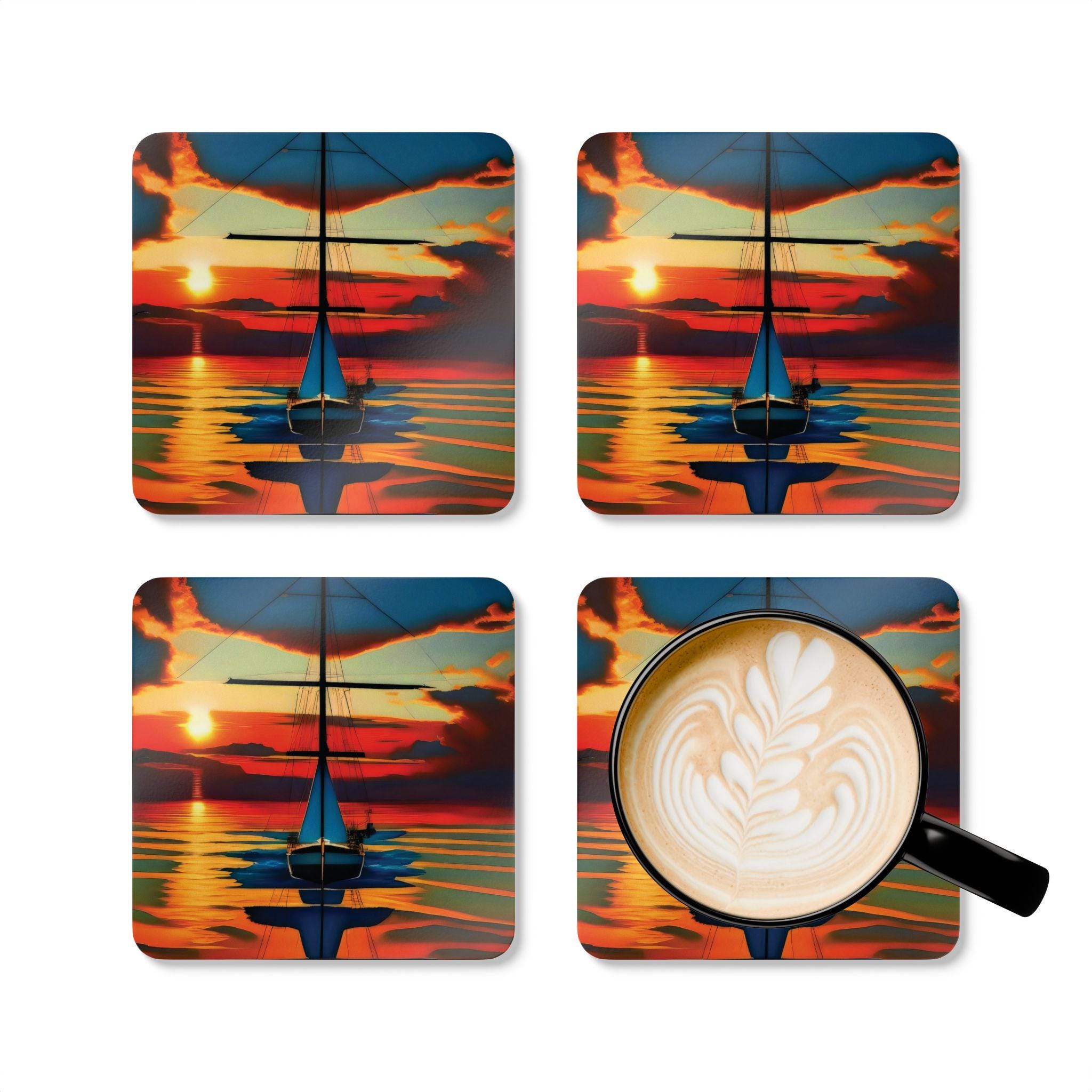 Sailboat Sunset Cork Coaster Set | Nautical Ocean Scene, Vibrant Sunset