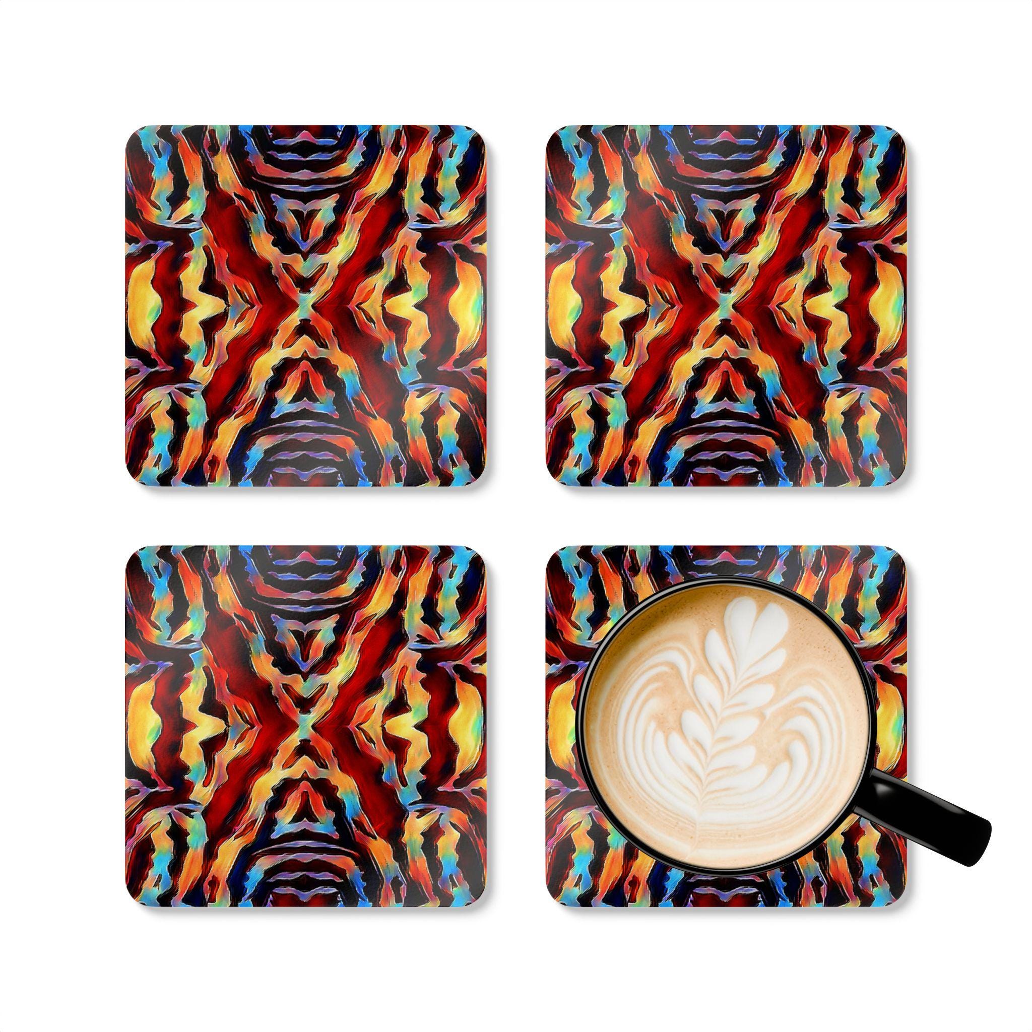 Abstract Kaleidoscope Pattern Cork Coaster Set | Colorful Geometric Drink Coasters