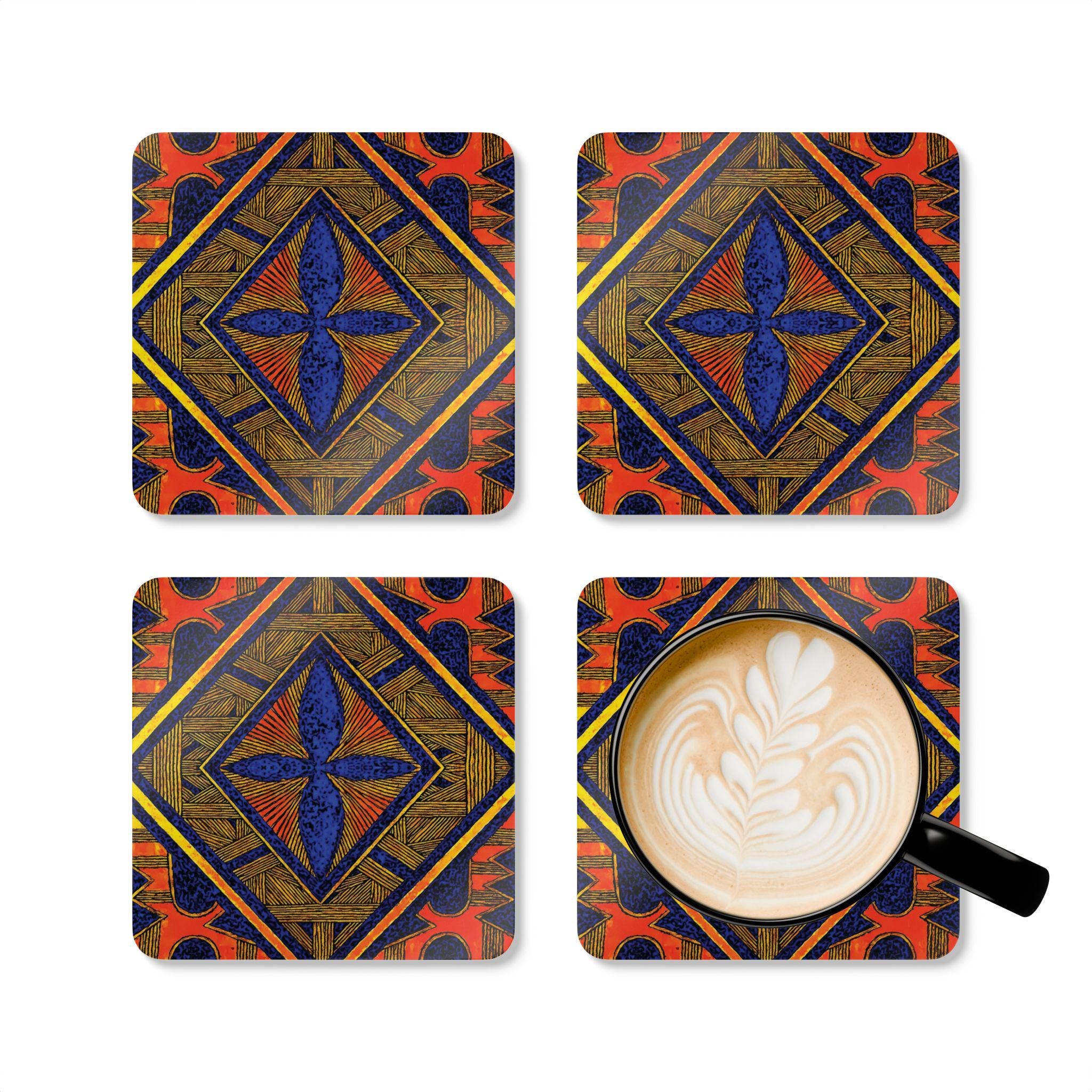 Geometric Tribal Tile Corkwood Coaster Set | Boho Aztec Pattern