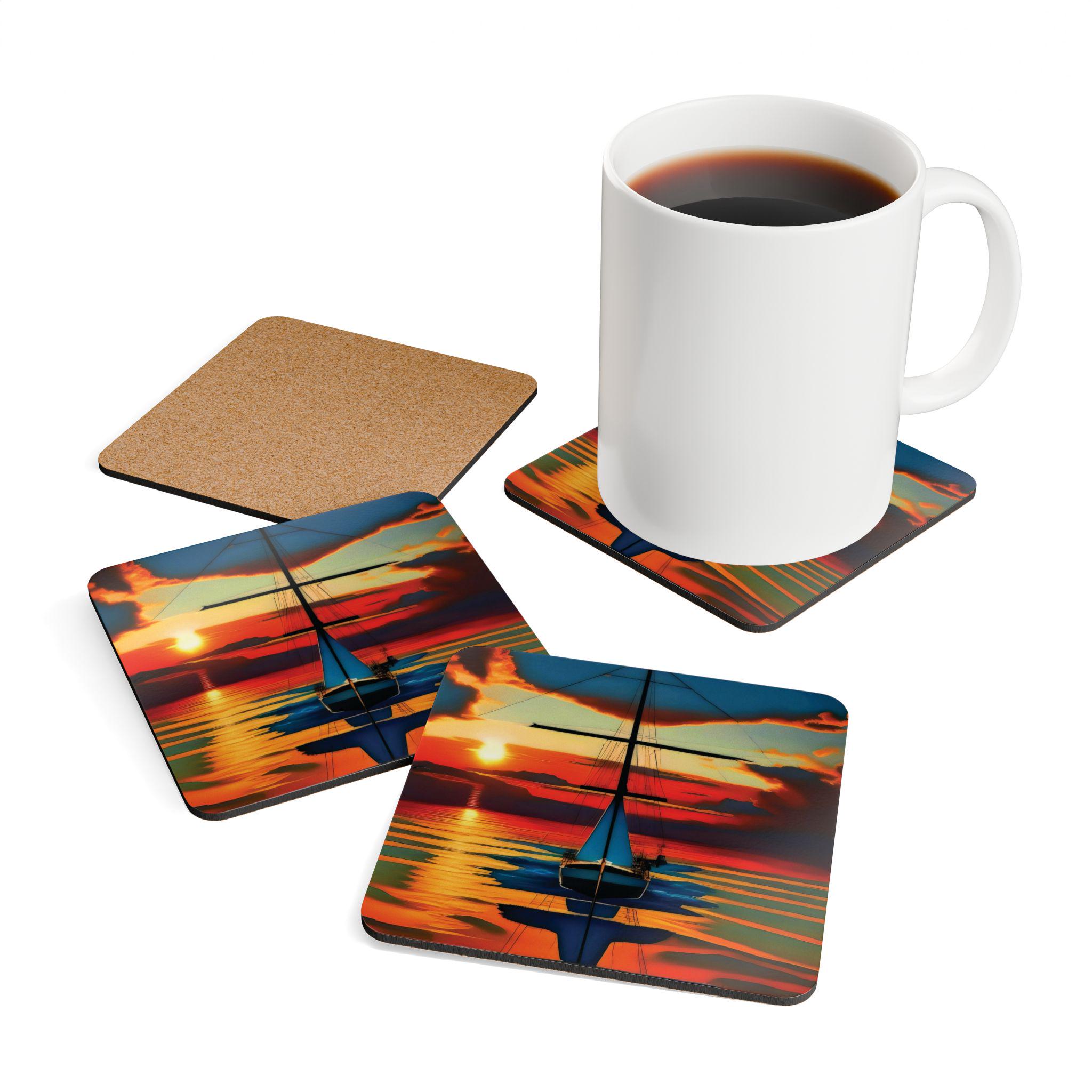 Sailboat Sunset Cork Coaster Set | Nautical Ocean Scene, Vibrant Sunset
