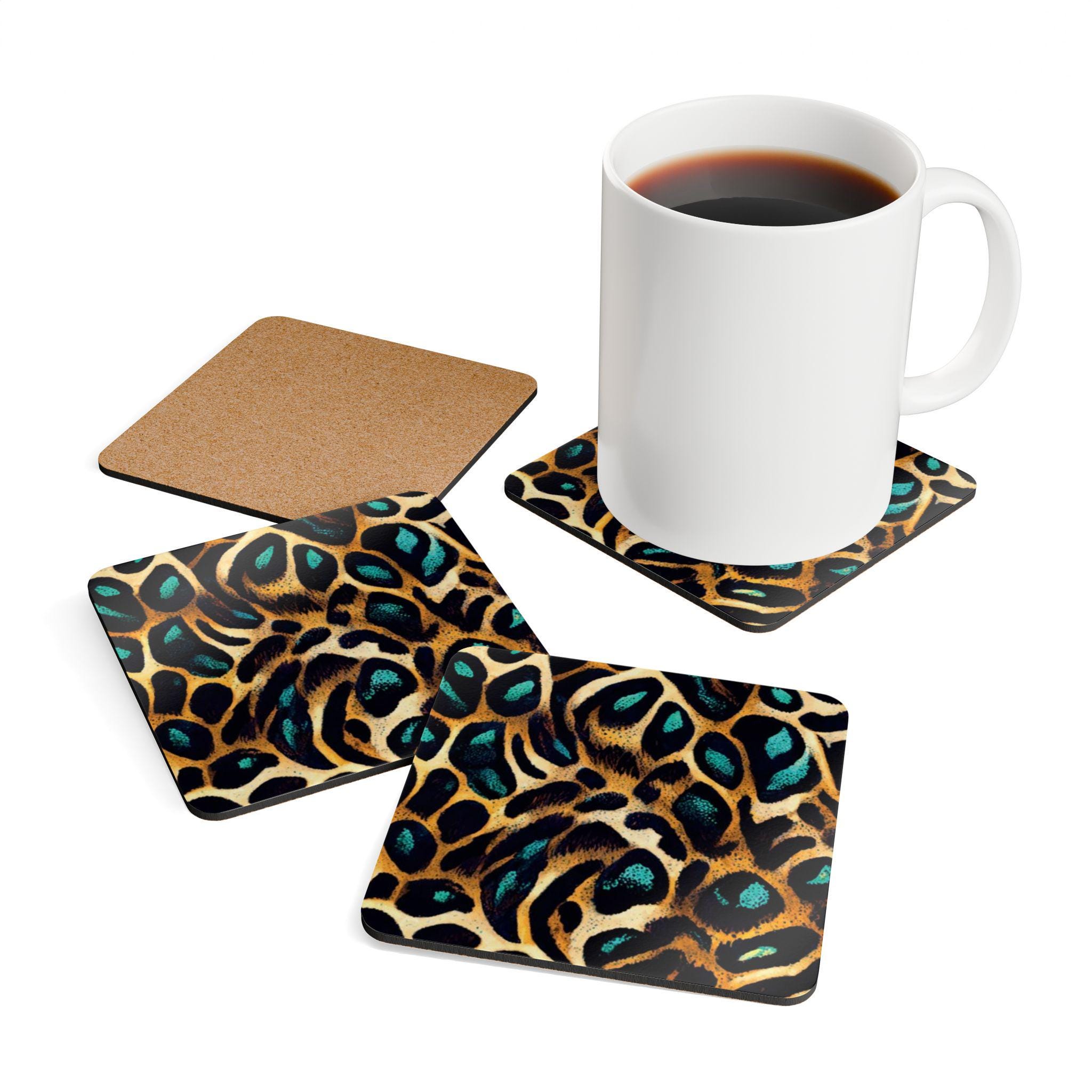 Teal Leopard Print Cork Coaster Set | Animal Print Drink Coasters