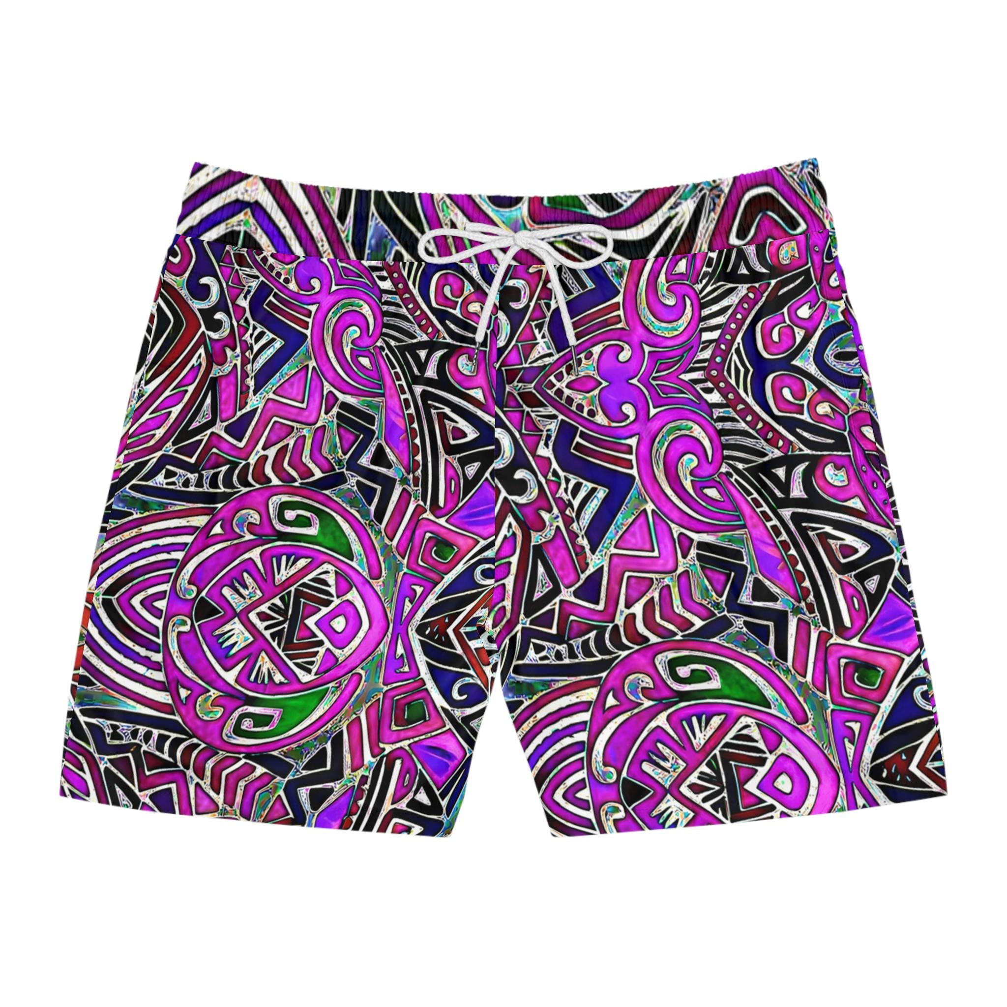 Neon Tribal Geometric Print Swim Shorts | Men's Mid-Length