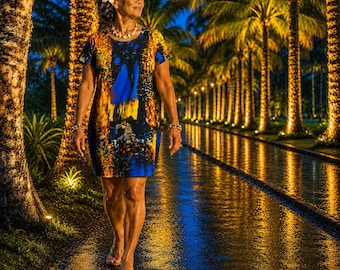 Abstraktes Blau Gold Muster T-Shirt Kleid | Allover-Druck
