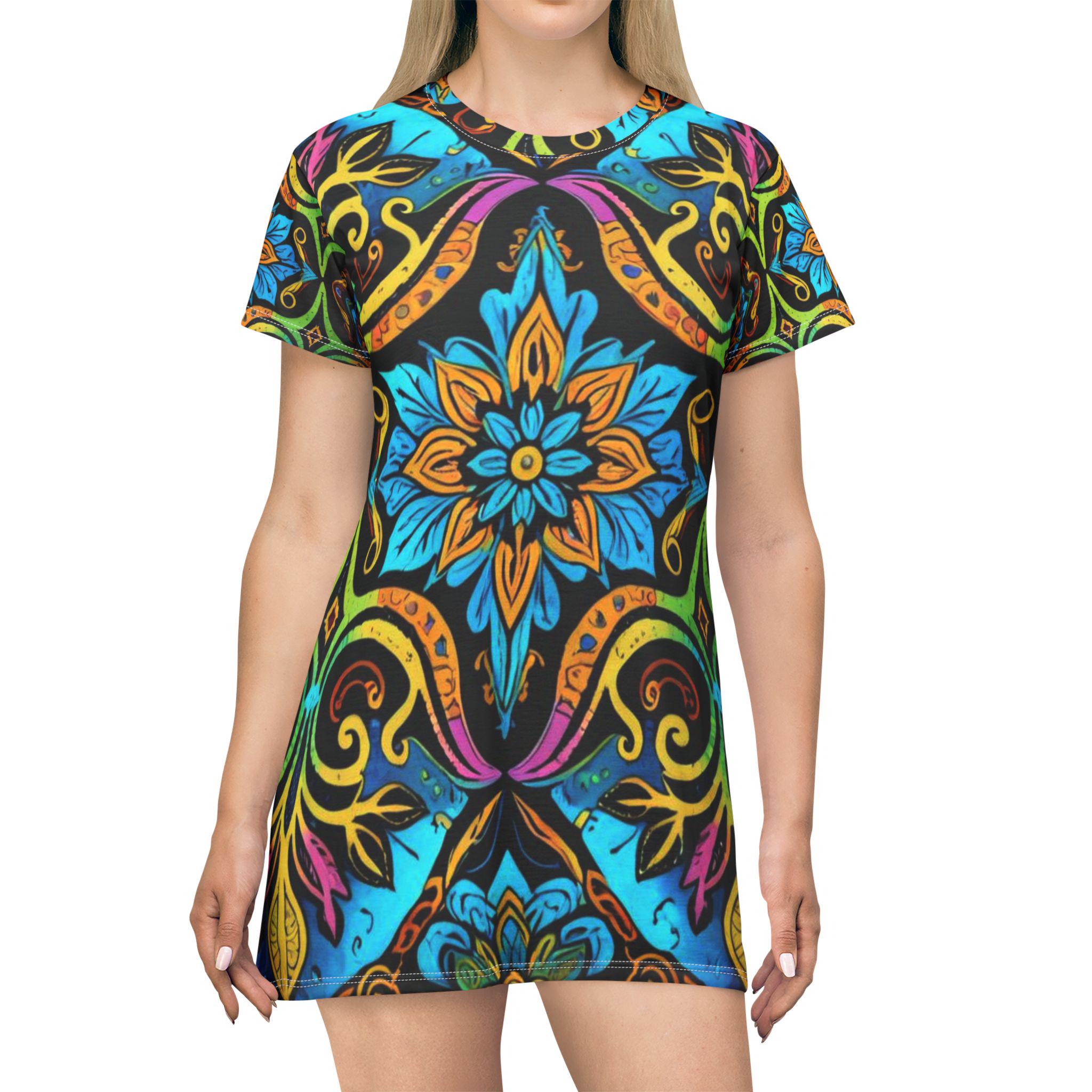 Colorful Floral Mandala T-Shirt Dress | Boho Kaleidoscope Print