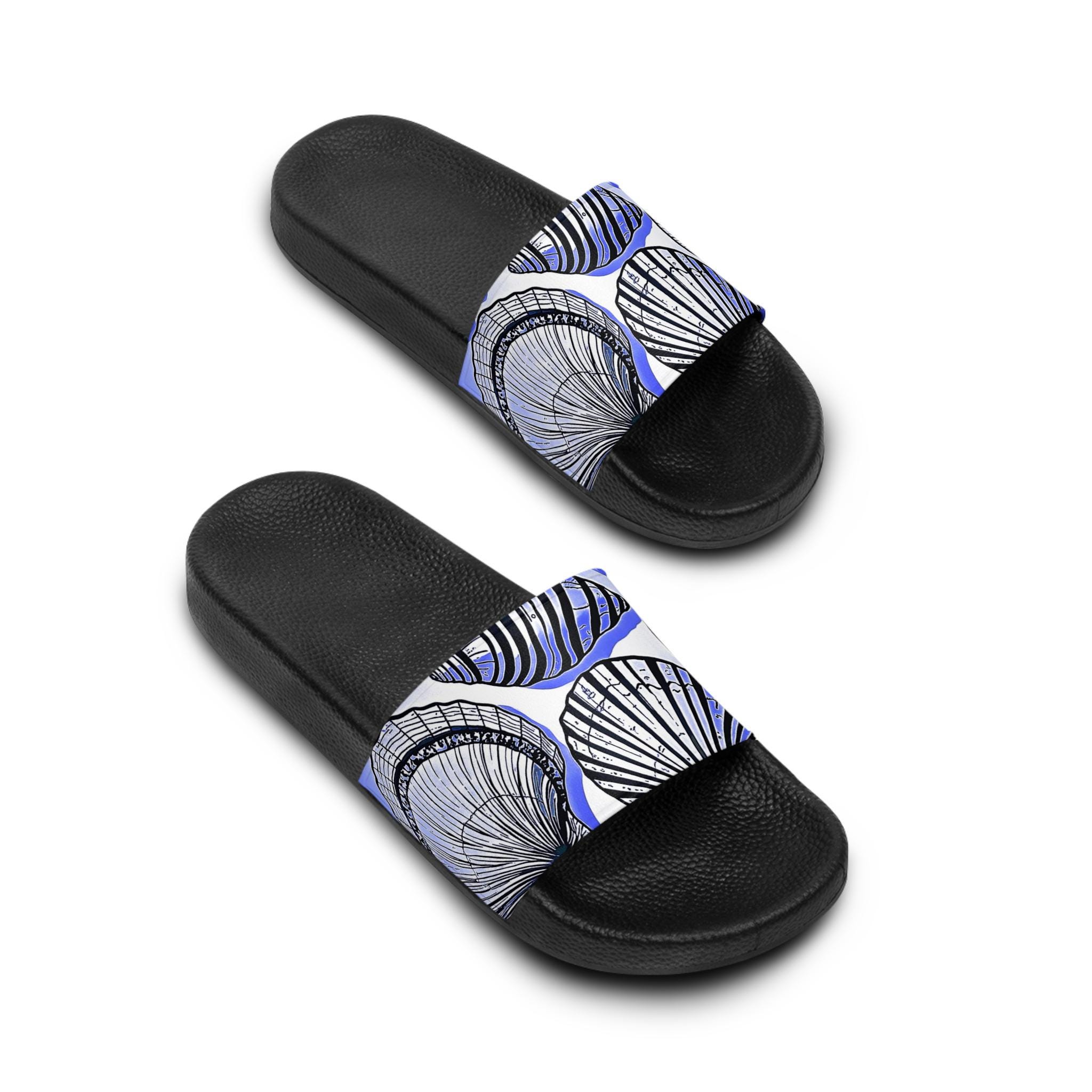 Nautical Seashell Pattern Slide Sandals | Blue Shell Graphic Slides