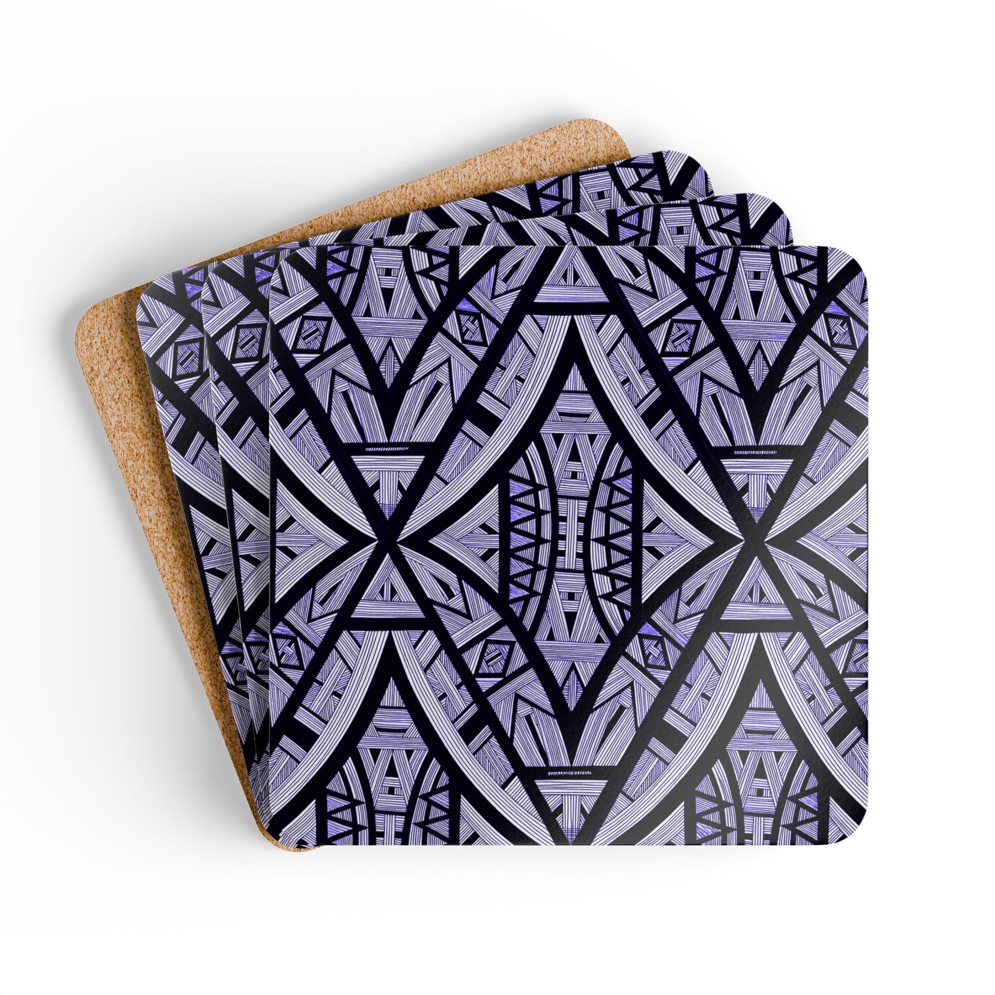 Geometric Tribal Pattern Corkwood Coaster Set | Purple Aztec Tiles