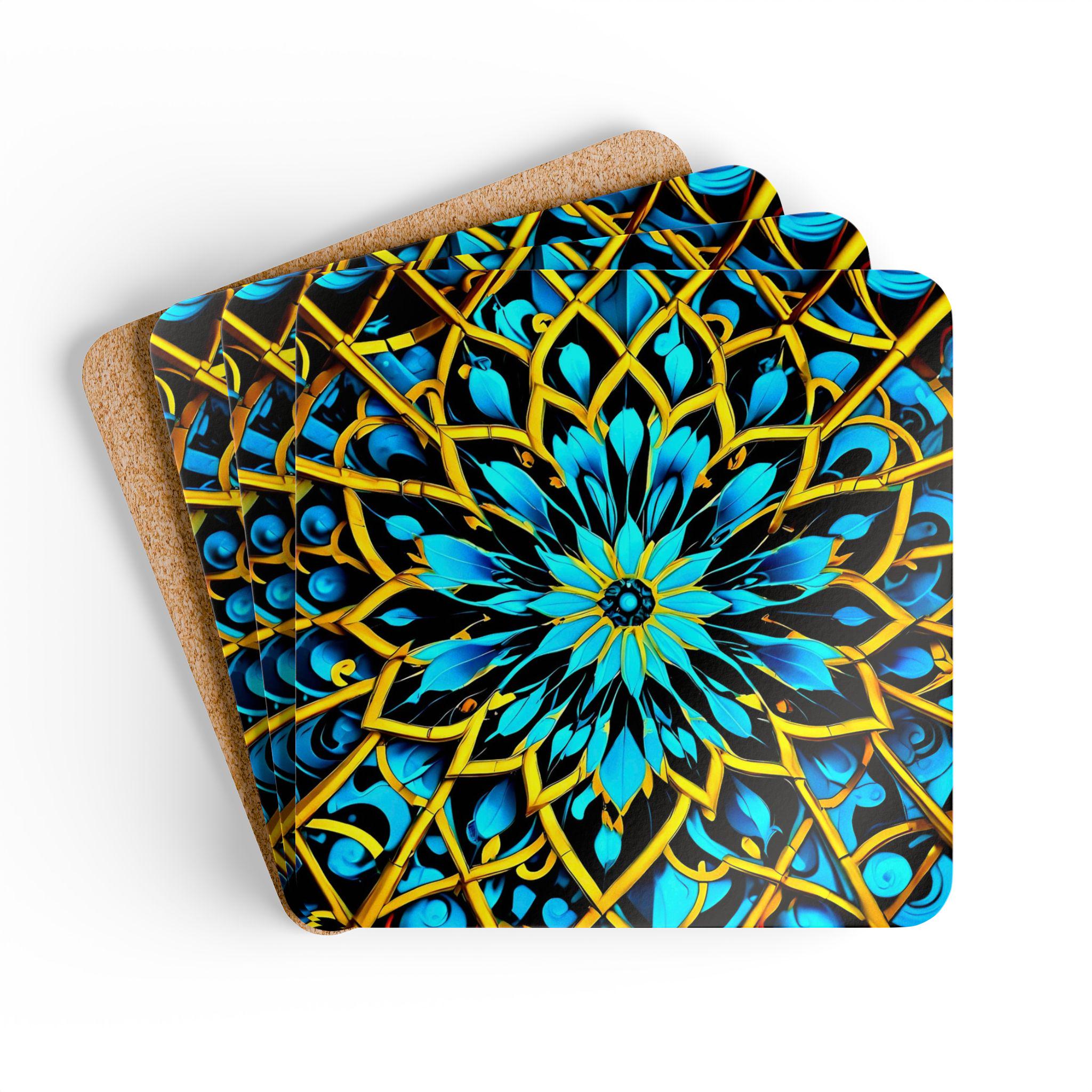 Teal Gold Mandala Corkwood Coaster Set | Floral Geometric Drink Coaster