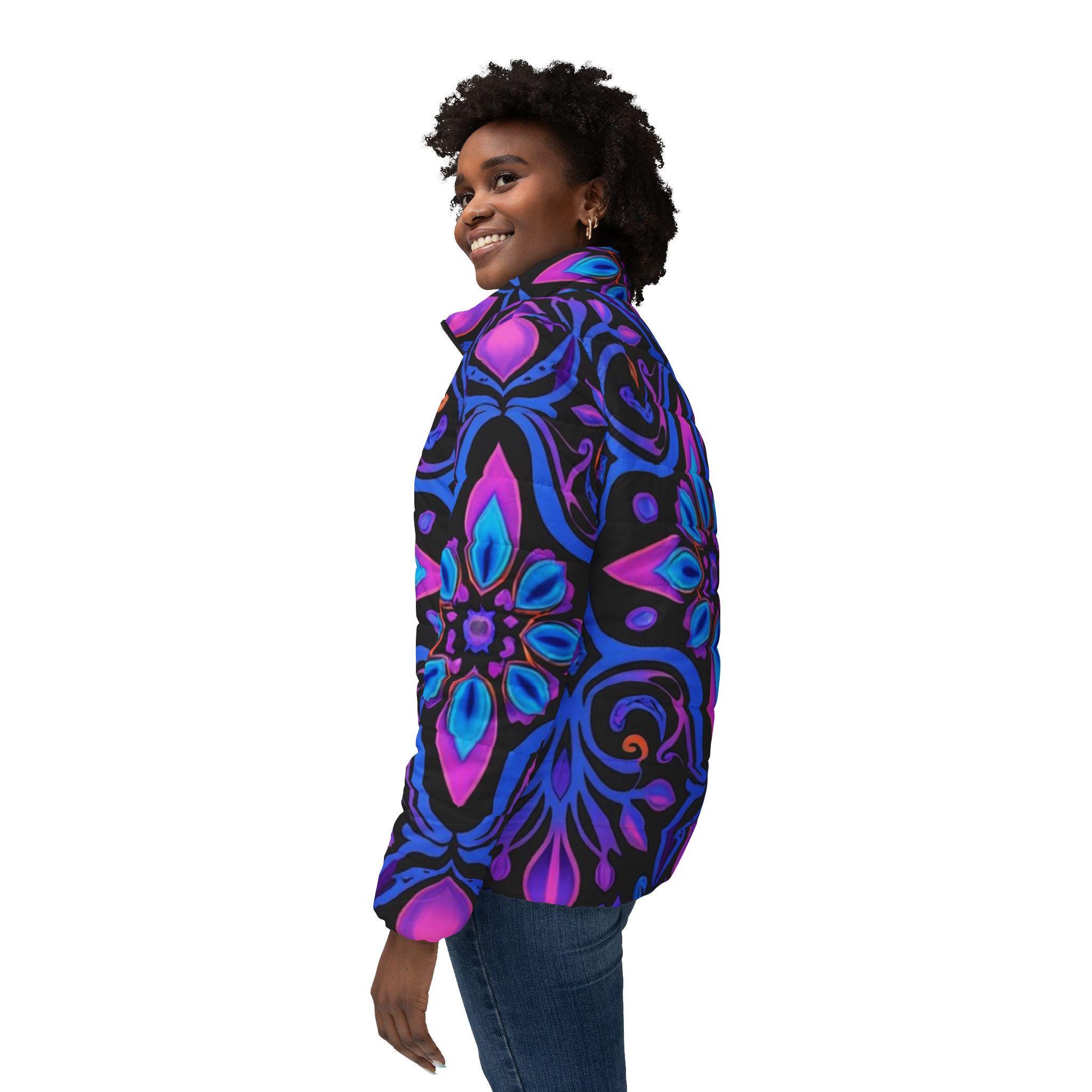 Bright Floral Allover Print Womens Puffer Jacket | Colorful Botanical Pattern