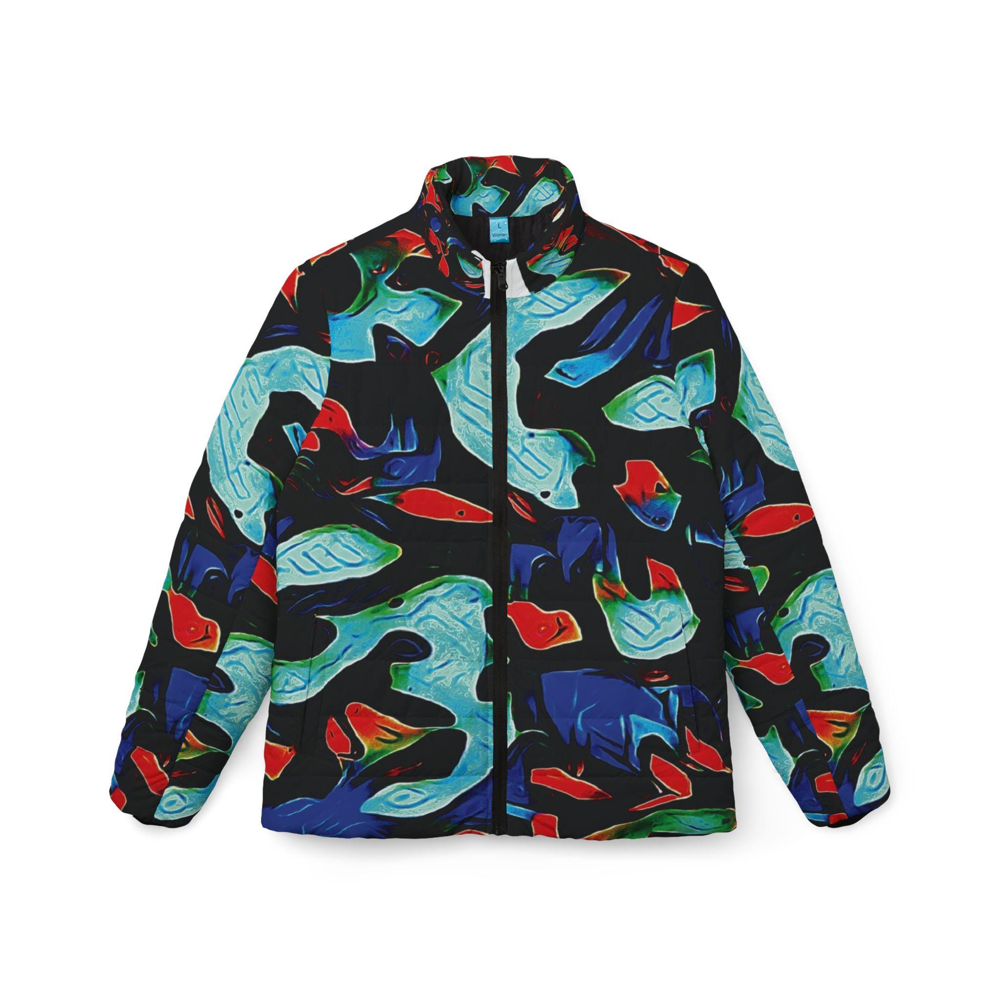 Abstract Ocean Waves Women’s Puffer Jacket — Colorful All-Over Print