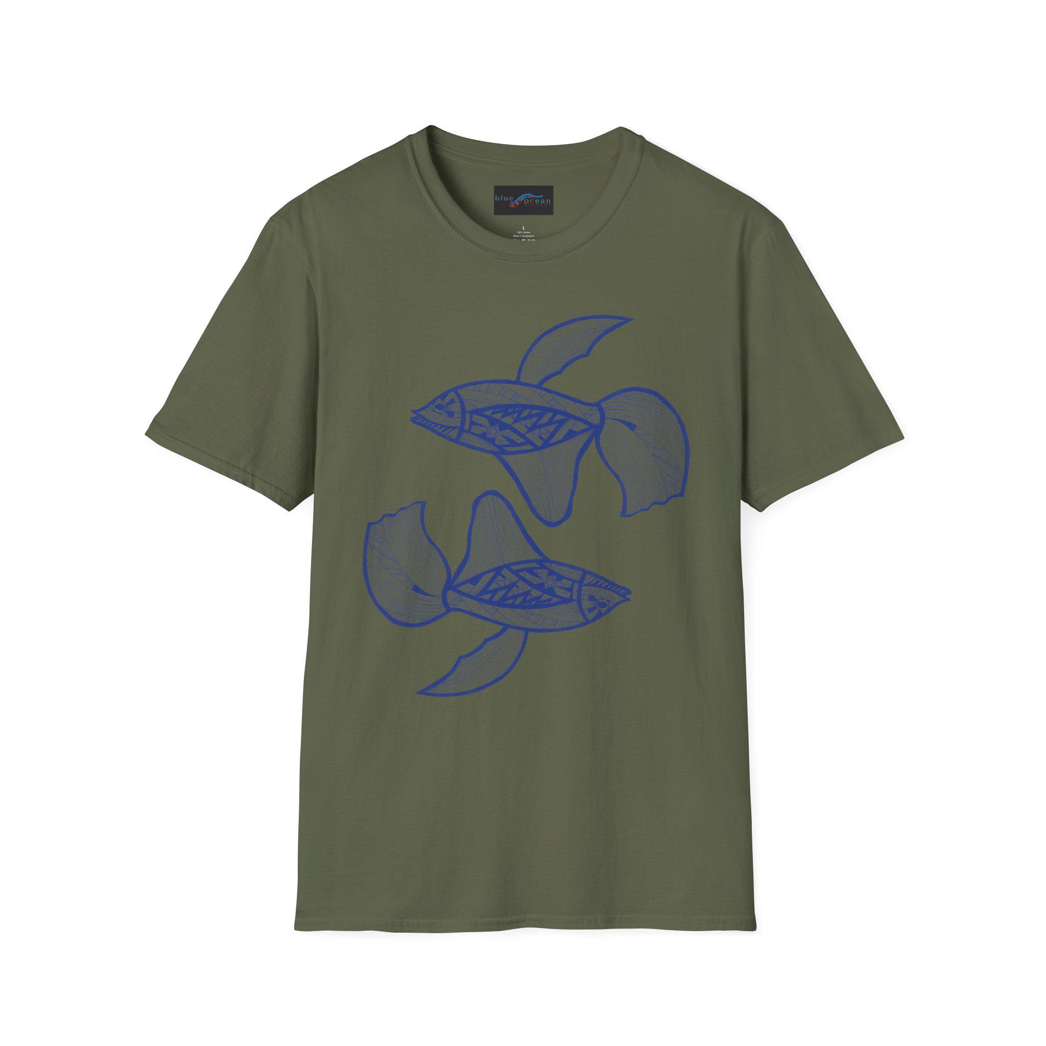 Hand-Drawn Koi Fish Illustration T-Shirt | Blue Line Art, Minimalist Aquatic