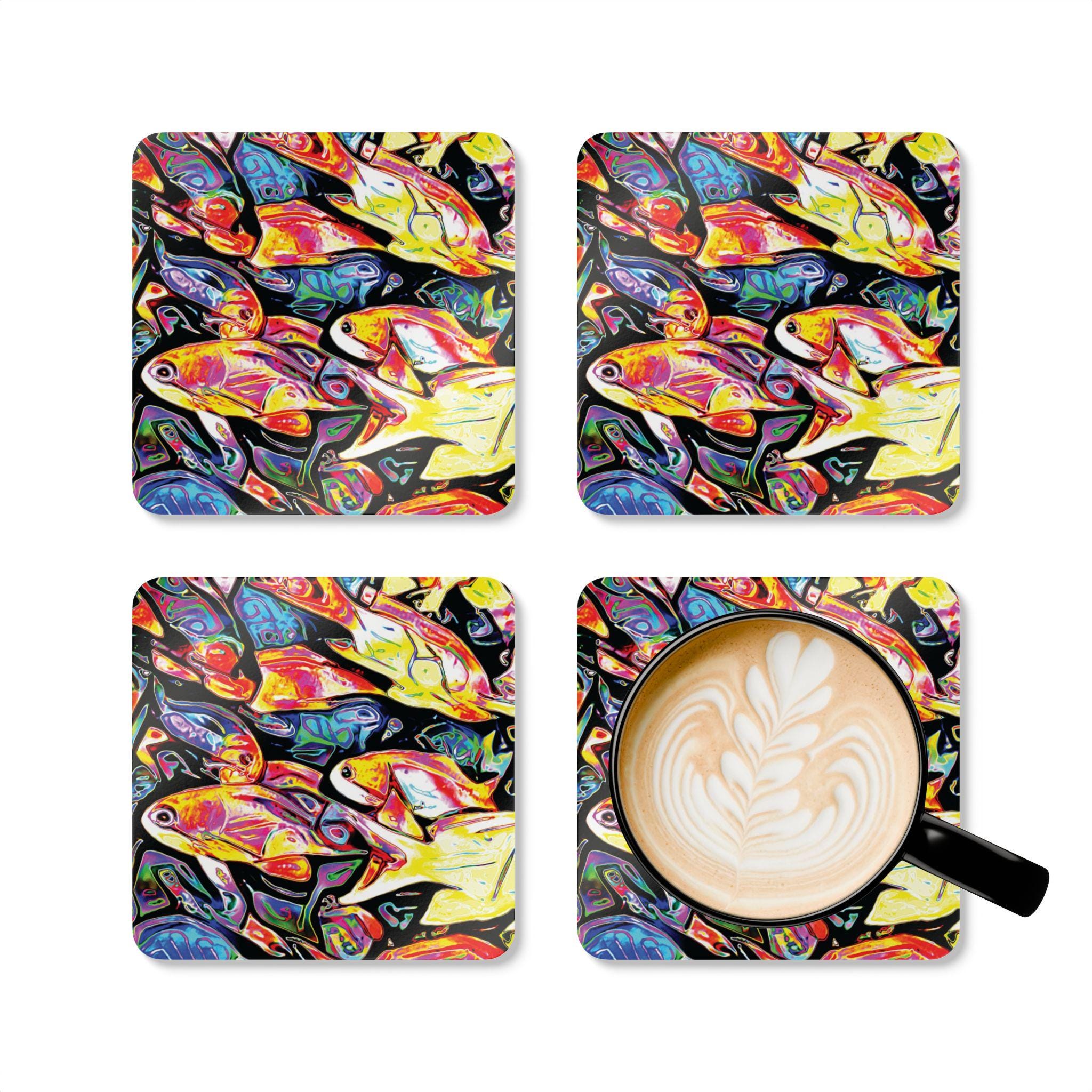Colorful Reef Fish Cork Coaster Set | Vibrant School of Fish Drink Coasters