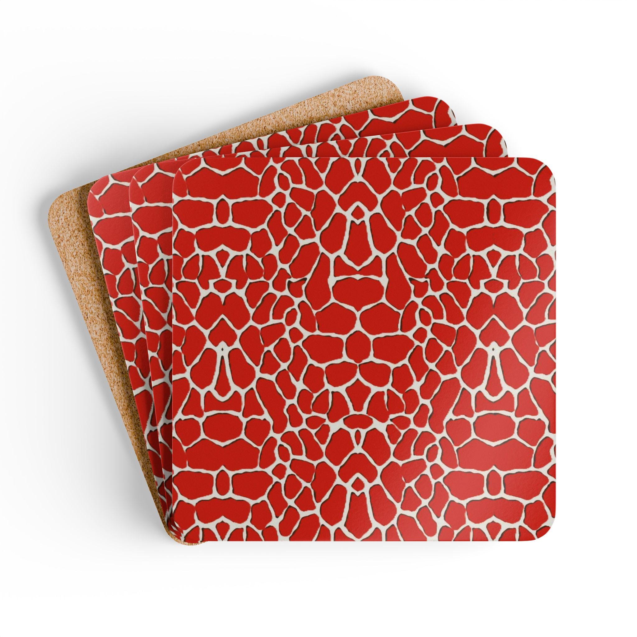 Red Giraffe Print Cork Coaster Set | Animal Pattern Drink Coasters