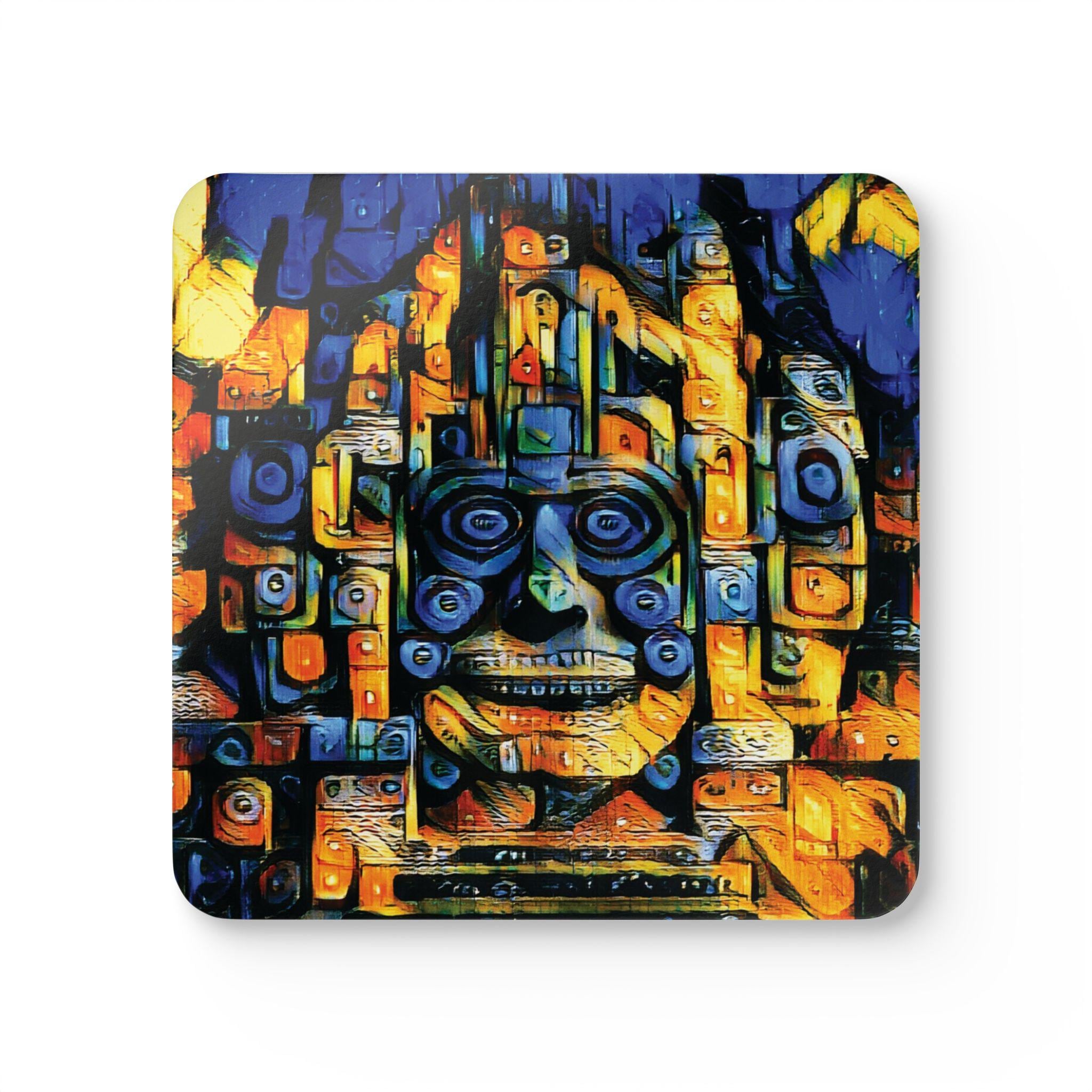 Abstract Aztec Mask Cork Coaster Set | Colorful Geometric Tribal Artwork