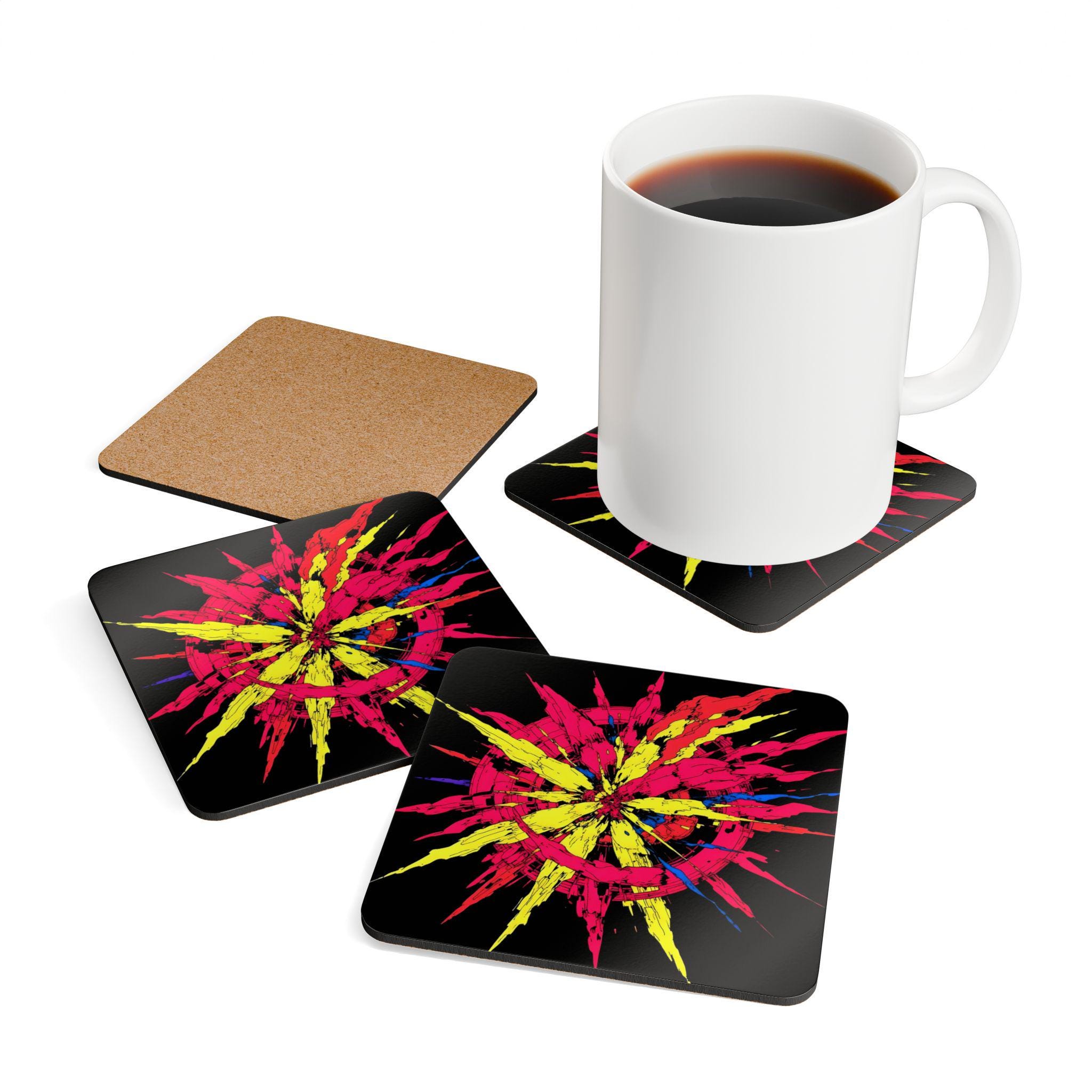 Abstract Color Burst Cork Coaster Set | Vibrant Splatter Drink Coasters