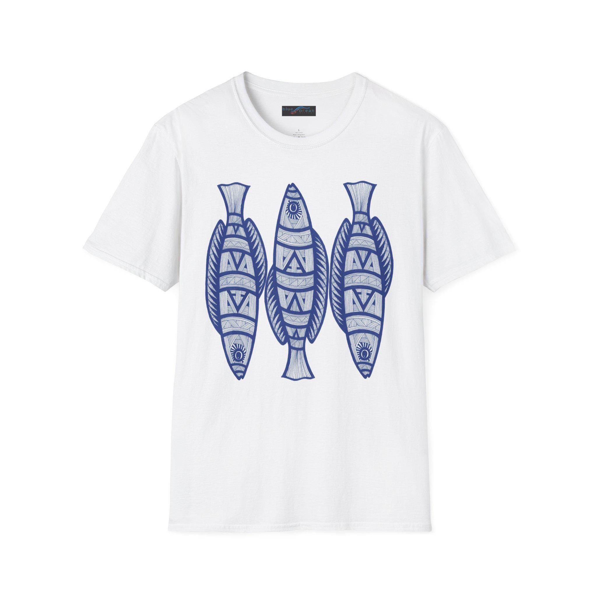 Tribal Blue Fish Illustration T-Shirt | Nautical Coastal Pattern