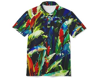 Tropisches Blätter Muster Poloshirt | Bunter botanischer All-Over Print