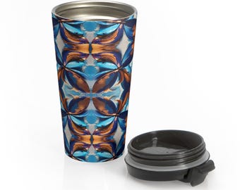 Blau Orange Kaleidoskop Reisebecher | Geometrisches Blumenmuster