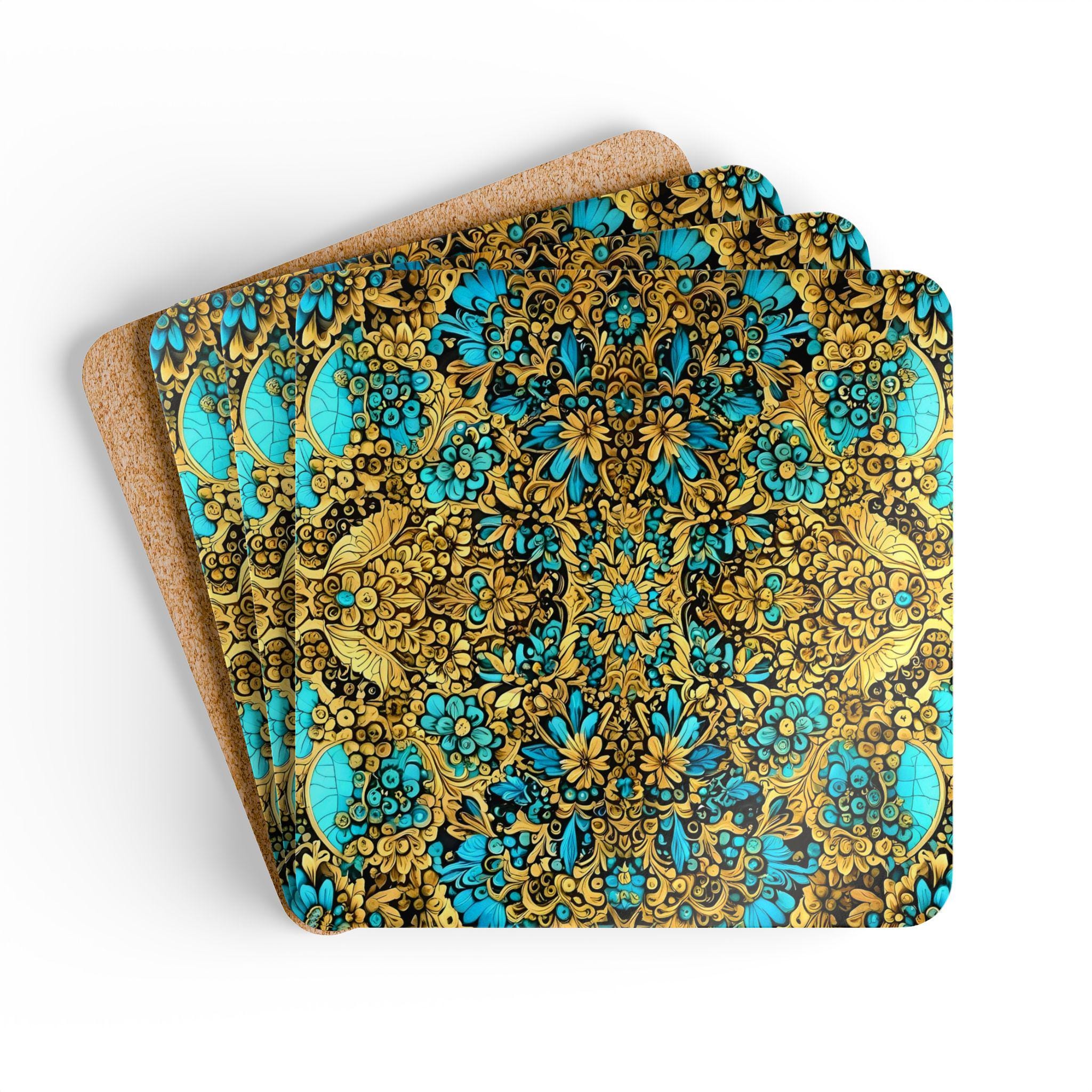 Teal Gold Floral Mandala Cork Coaster