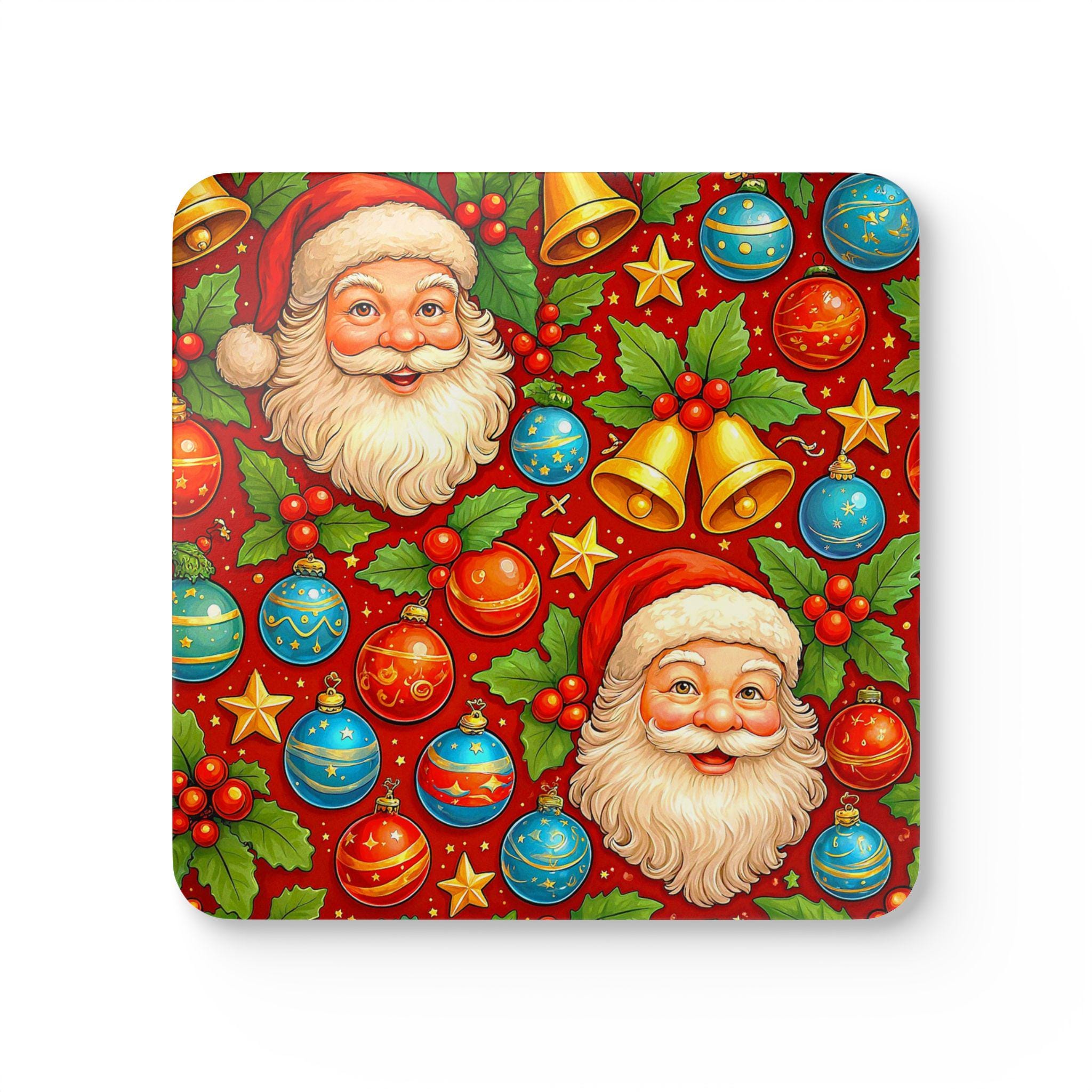 Vintage Santa Pattern Corkwood Coaster Set | Christmas Ornament Design
