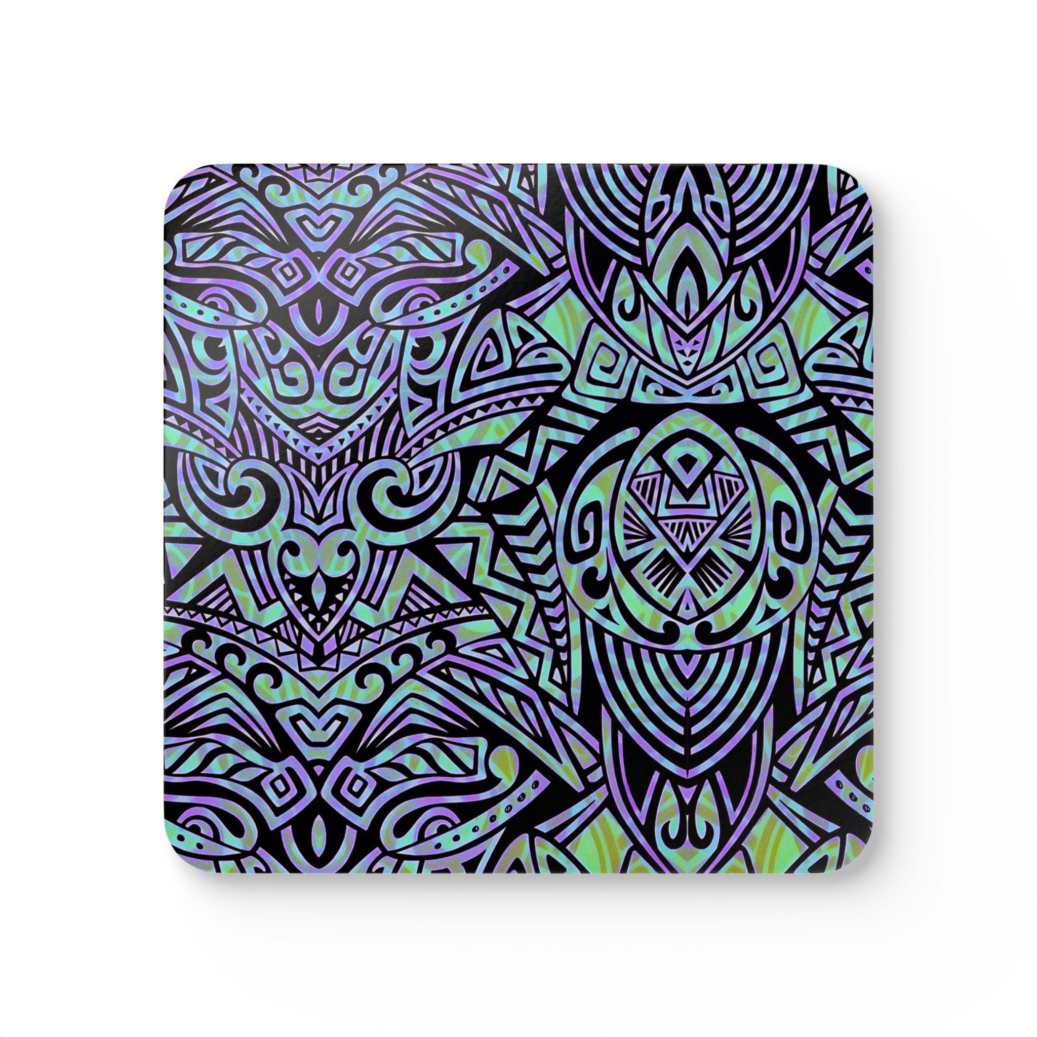 Teal Purple Tribal Owl Cork Coaster Set | Boho Geometric Drink Coasters