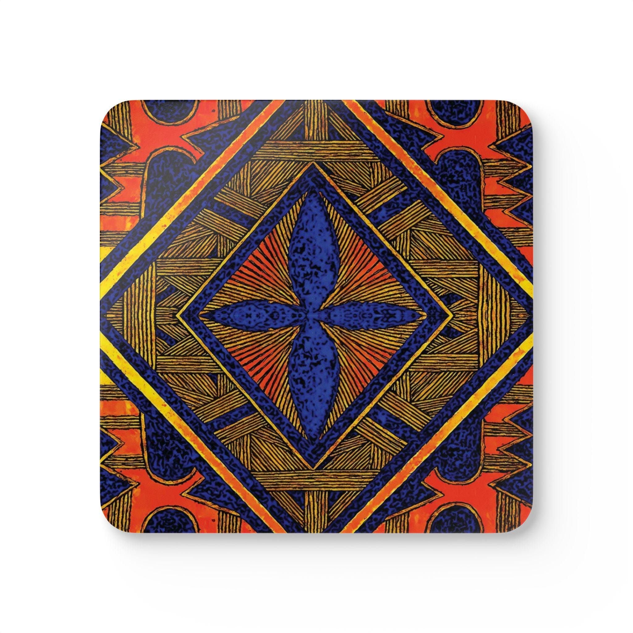 Geometric Tribal Tile Corkwood Coaster Set | Boho Aztec Pattern