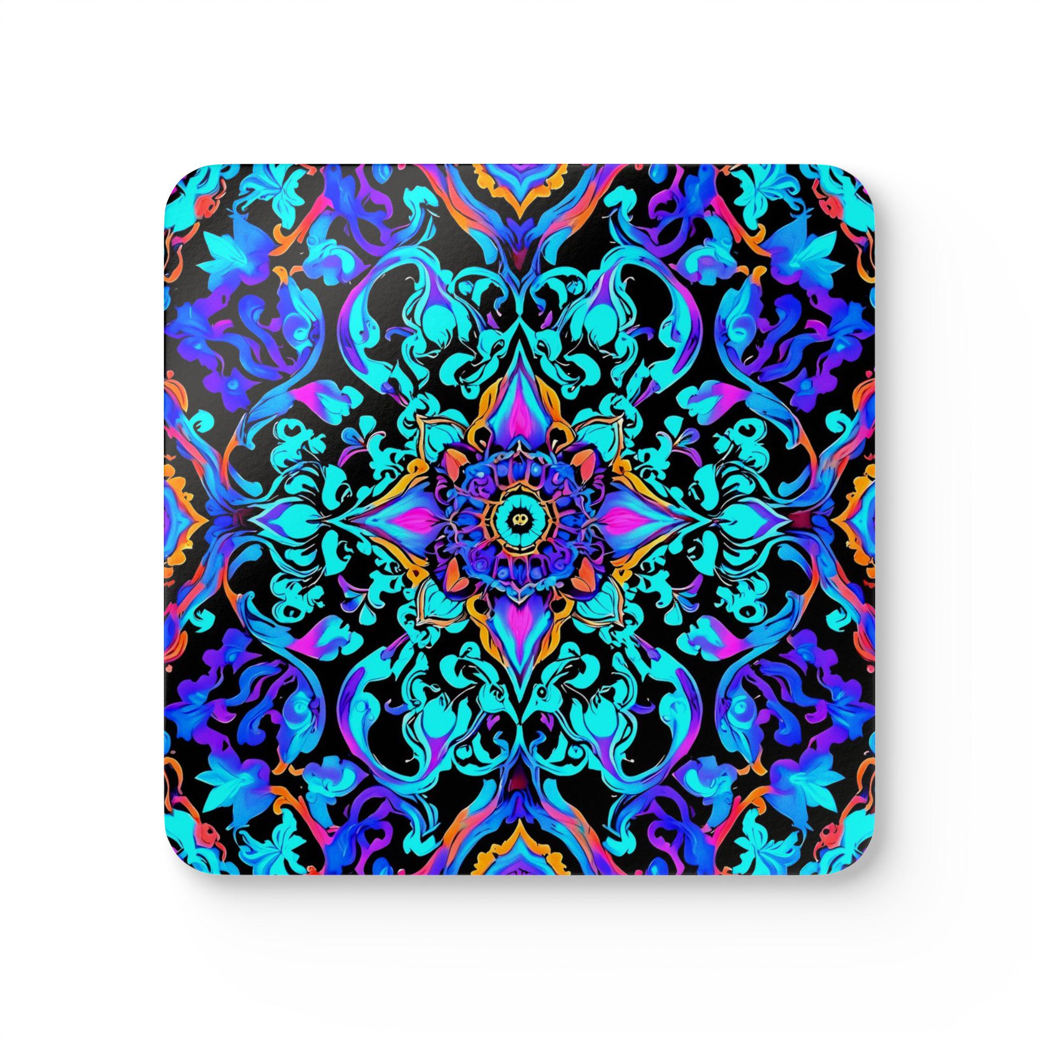 Neon Mandala Cork Coaster Set | Colorful Floral Geometric Drink Coasters