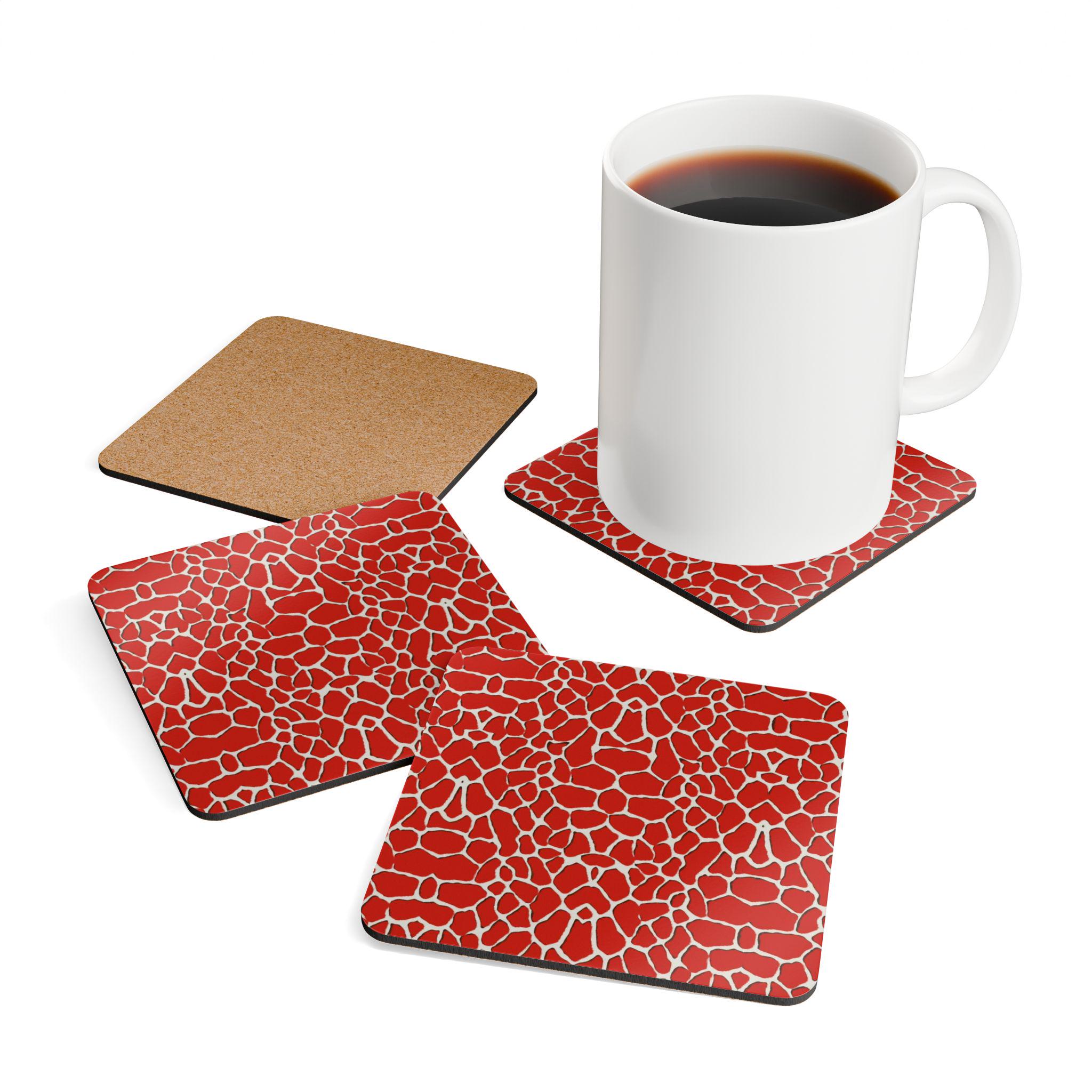 Red Giraffe Print Cork Coaster Set | Animal Pattern Drink Coasters