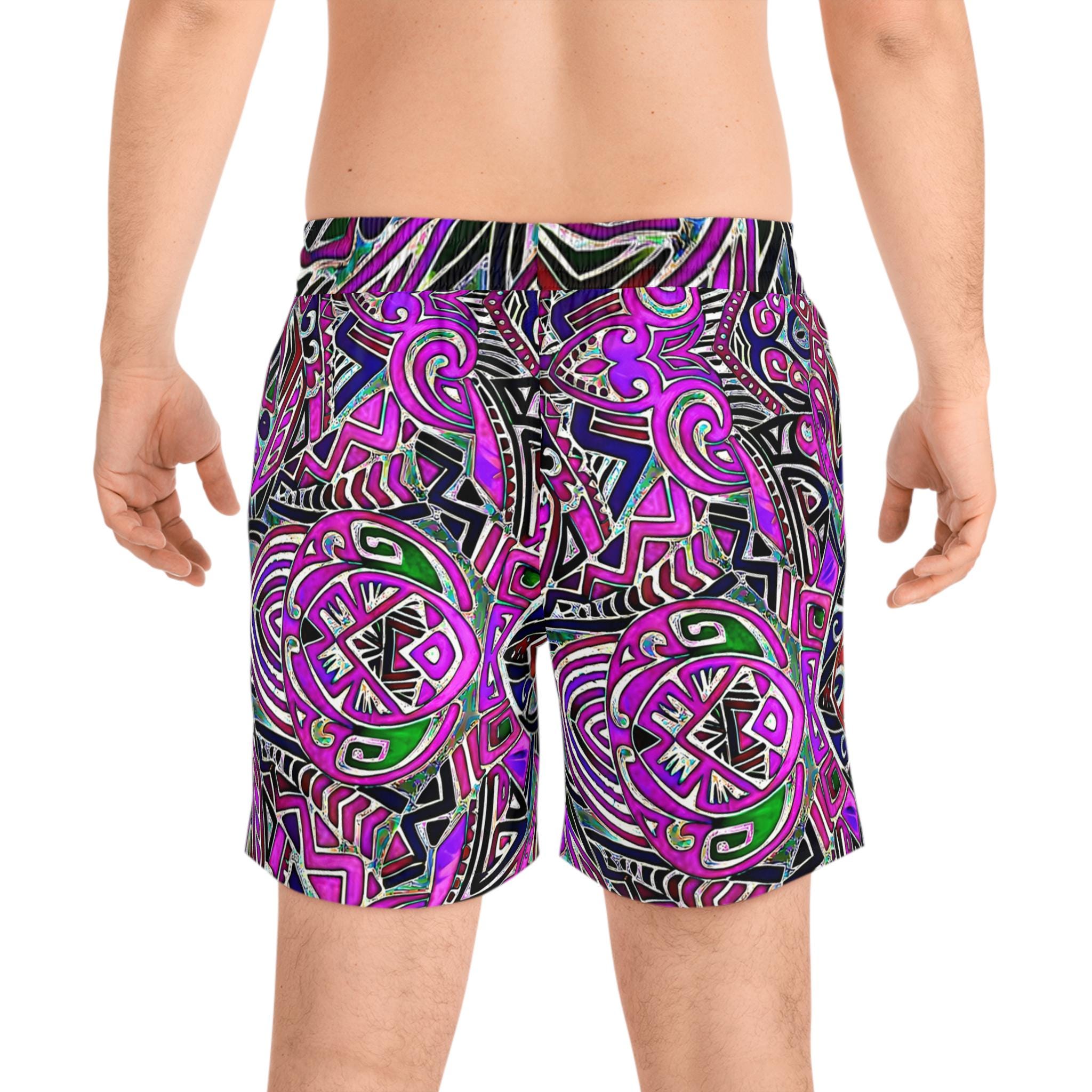 Neon Tribal Geometric Print Swim Shorts | Men's Mid-Length