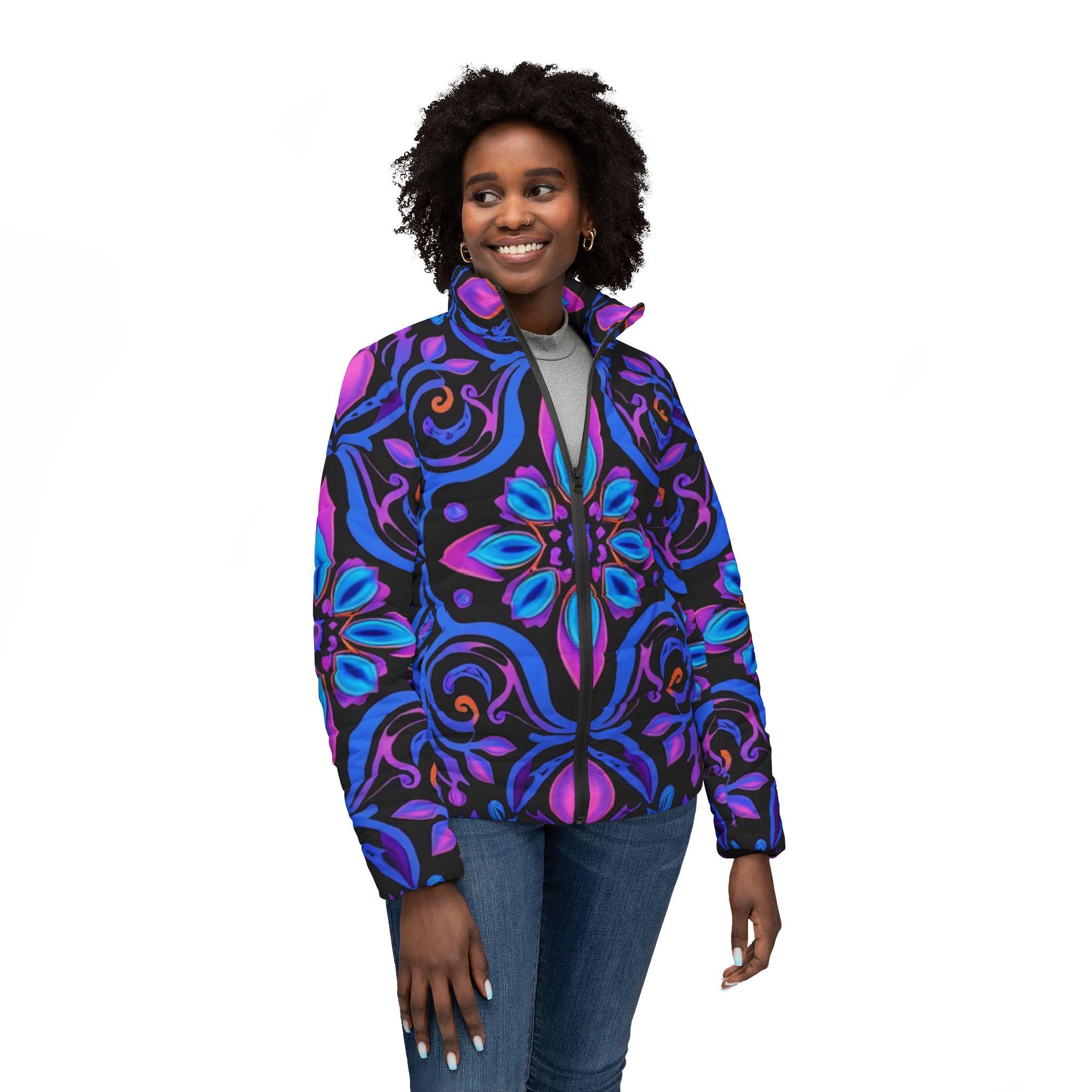 Bright Floral Allover Print Womens Puffer Jacket | Colorful Botanical Pattern