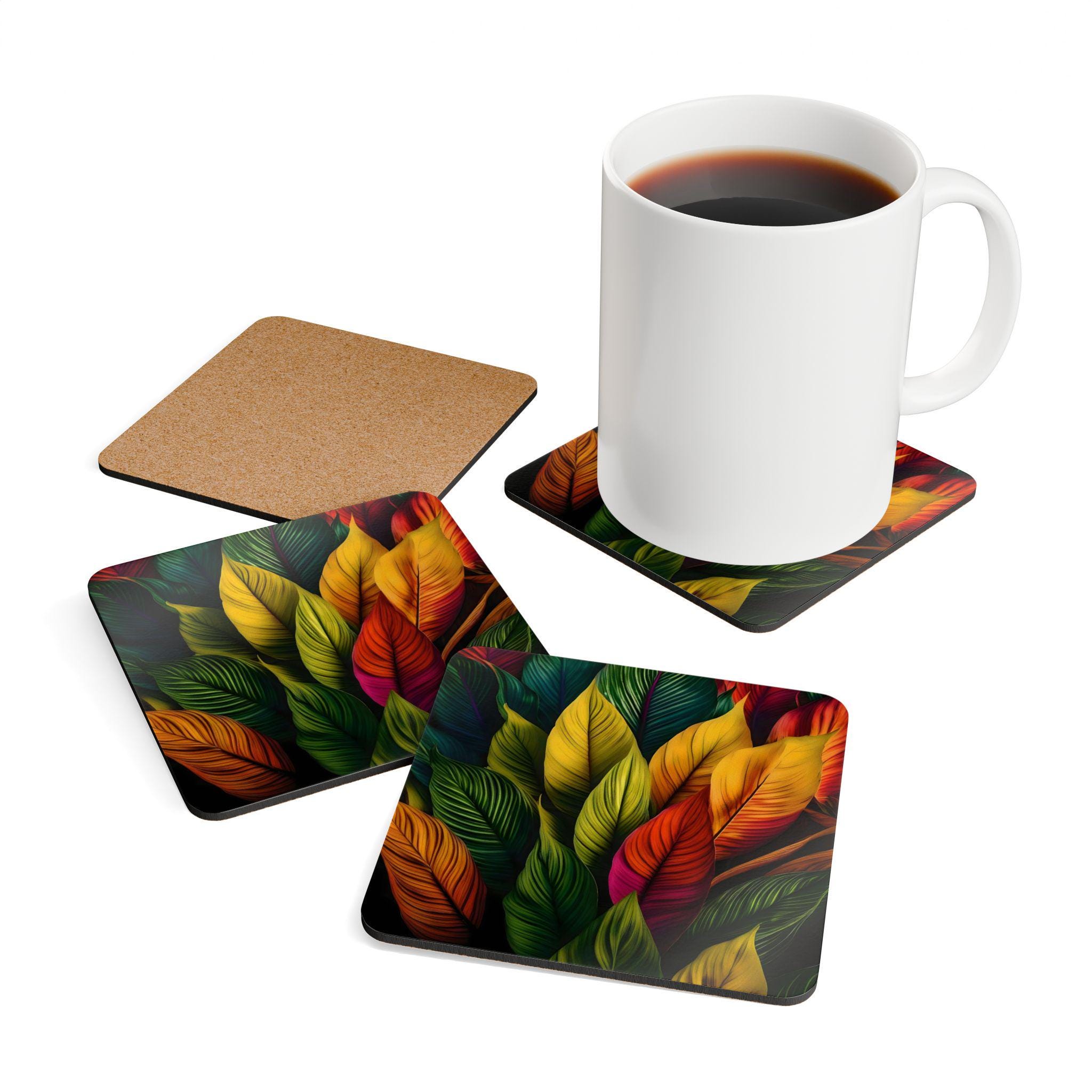 Colorful Tropical Leaves Corkwood Coaster Set | Botanical Drink Coasters