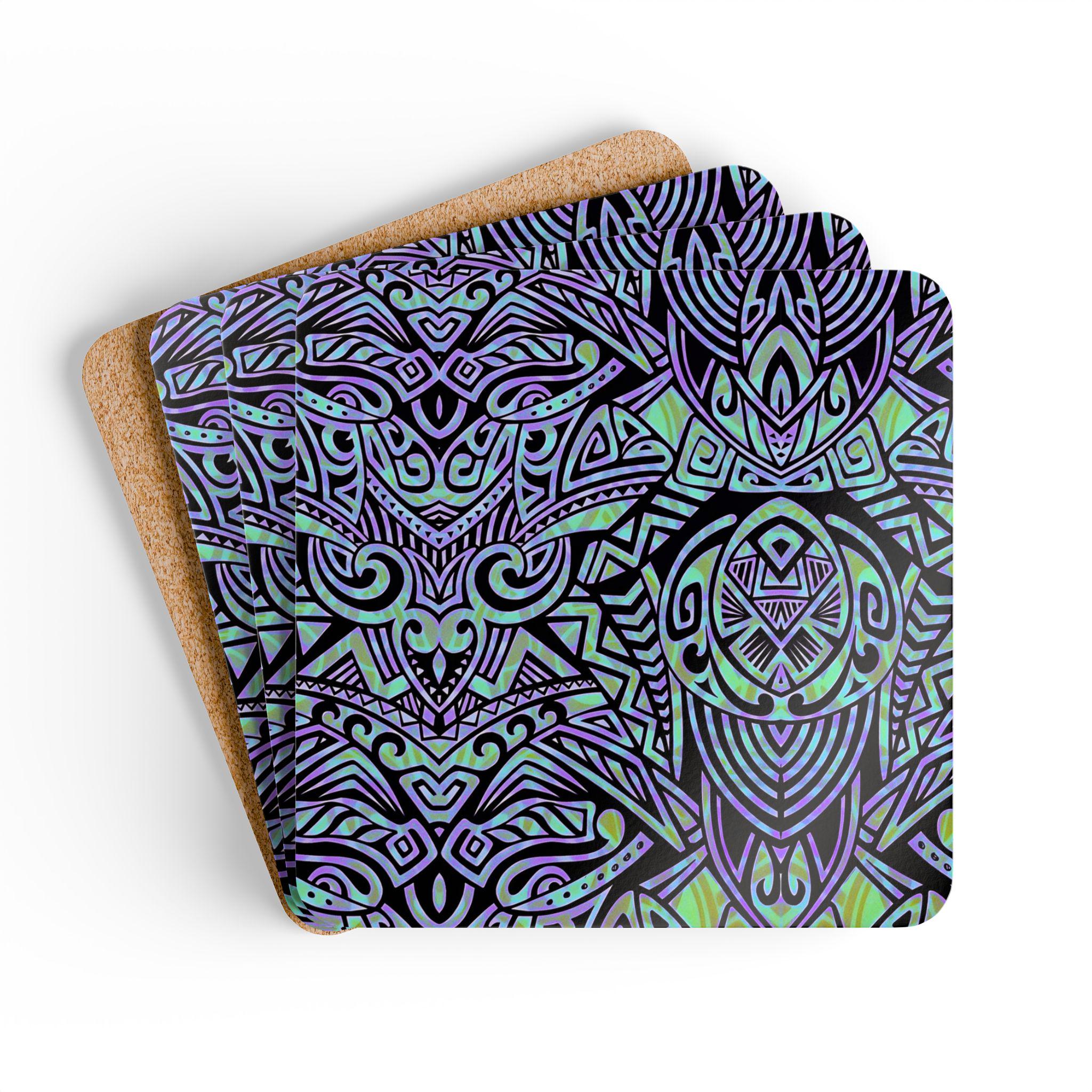 Teal Purple Tribal Owl Cork Coaster Set | Boho Geometric Drink Coasters