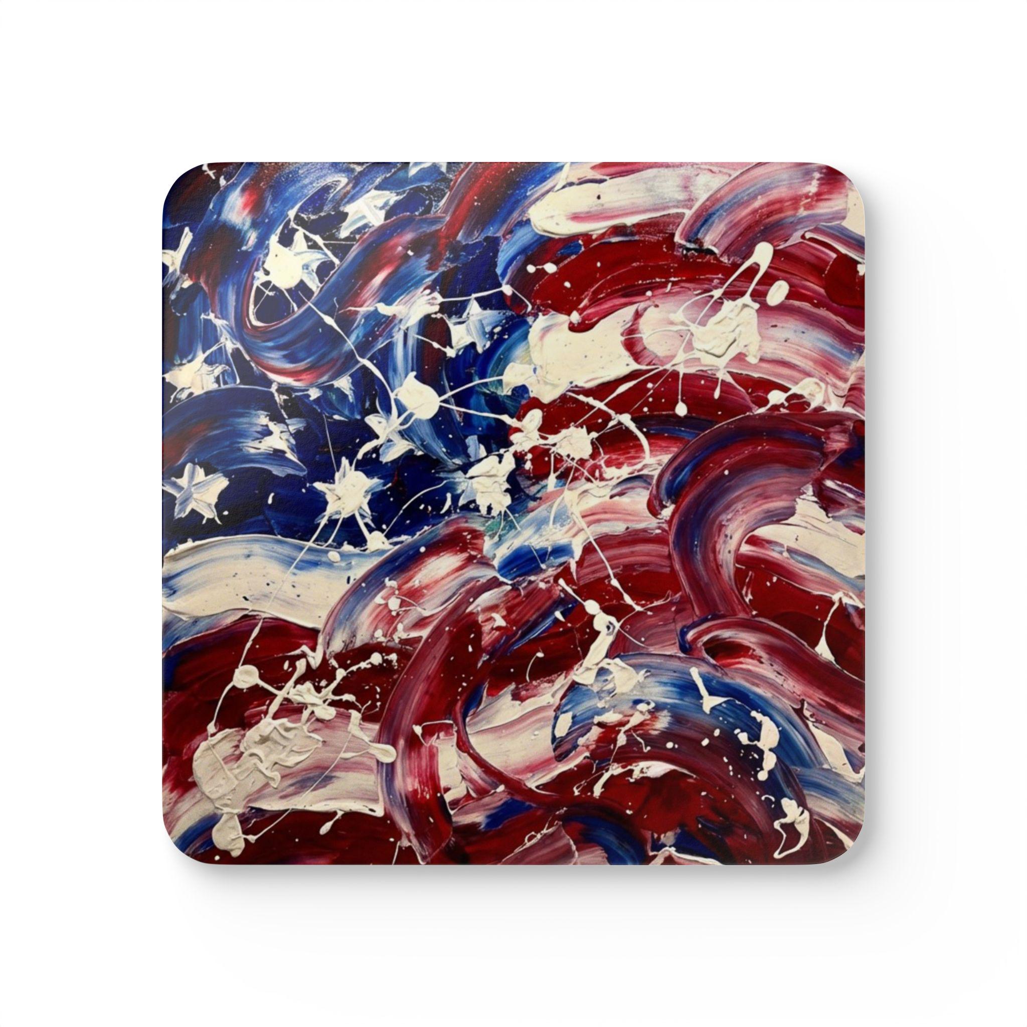 Abstract American Flag Cork Coaster Set | Patriotic Red White Blue Coasters