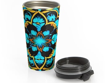 Türkis Blumen Mandala Edelstahl Reisebecher | Boho Muster, Hellblau