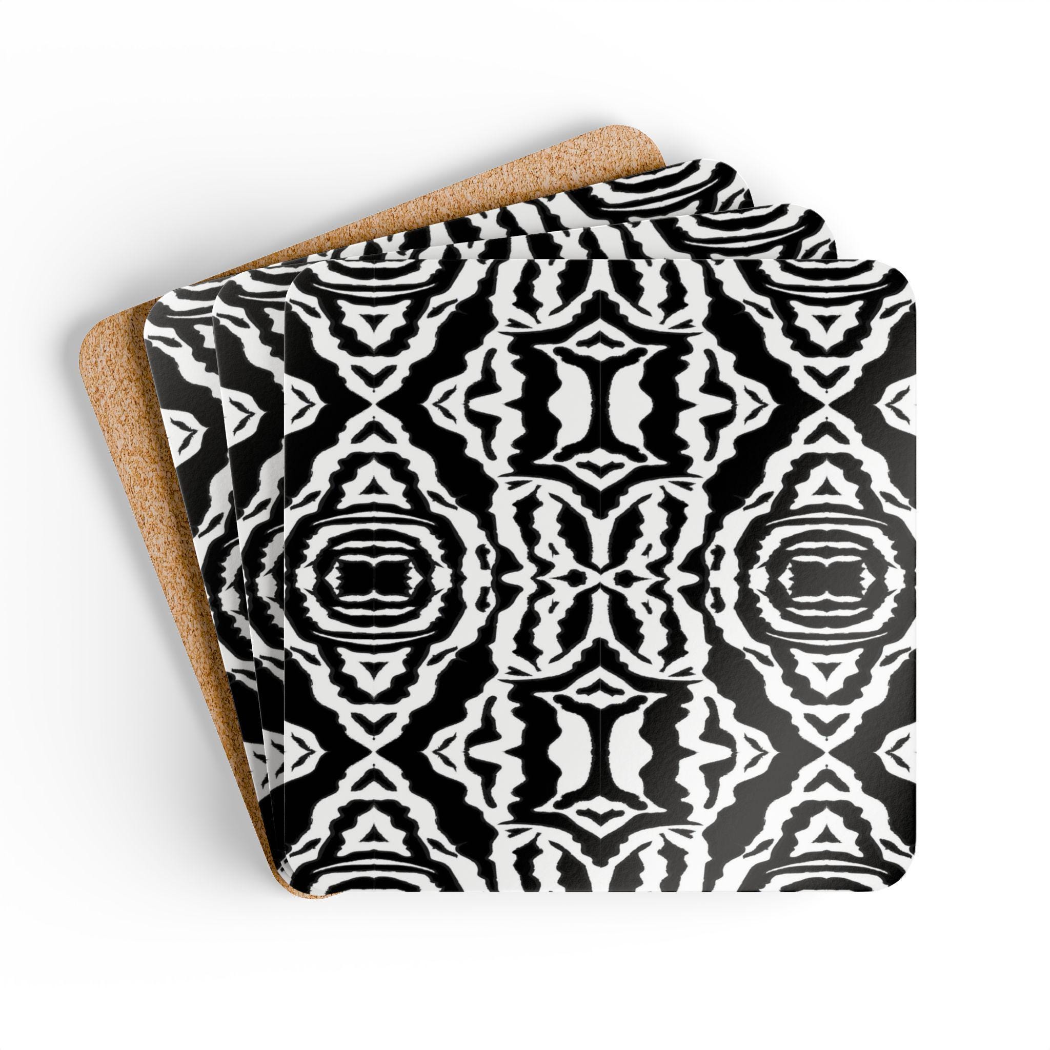 Black White Ikat Pattern Cork Coaster