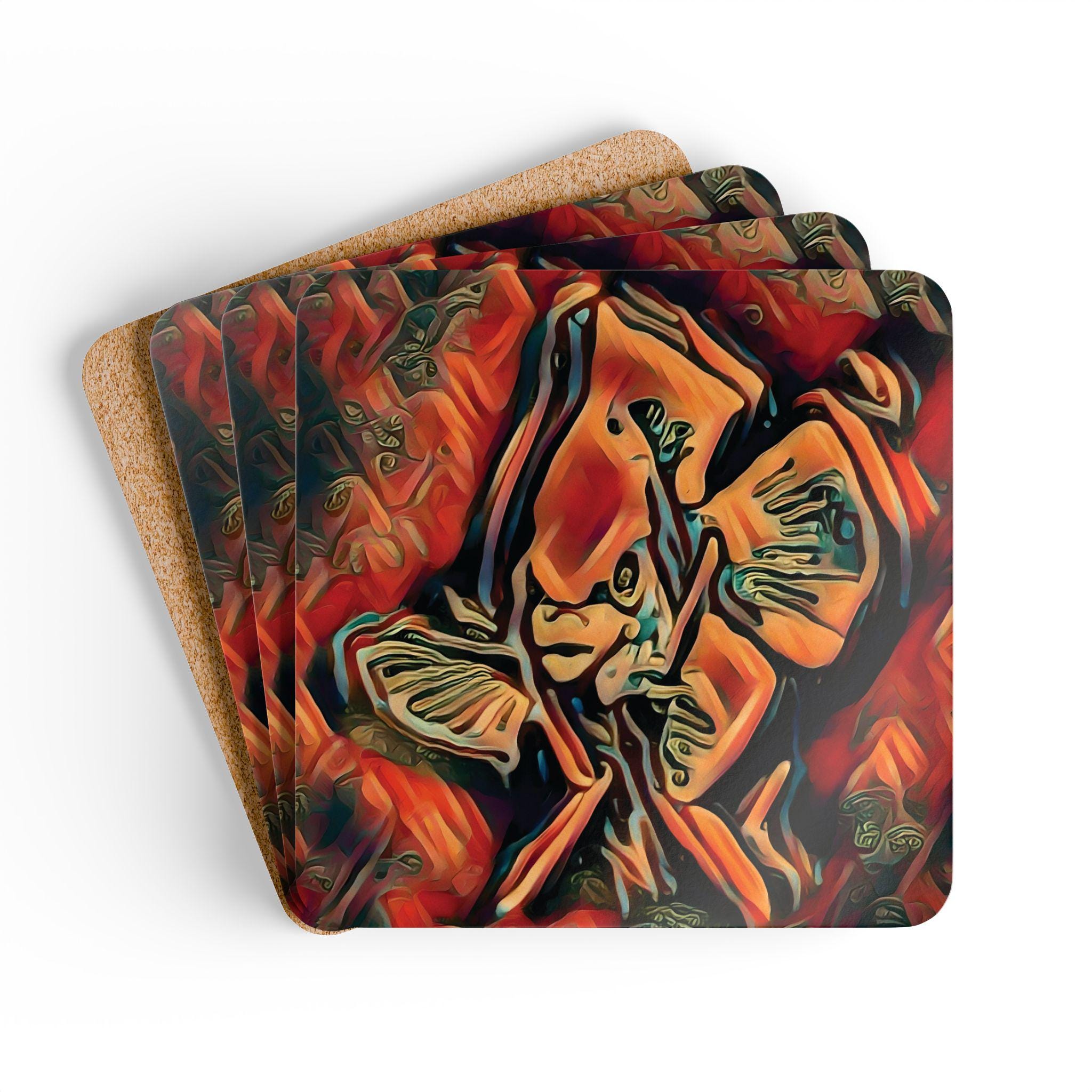 Abstract Floral Mushroom Art Cork Coaster Set | Psychedelic Fungi Design