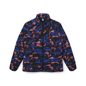 May include: A full-zip puffer jacket with a high collar. The jacket features a black base with a pattern of blue and pink abstract shapes. The jacket is designed for warmth and style.
