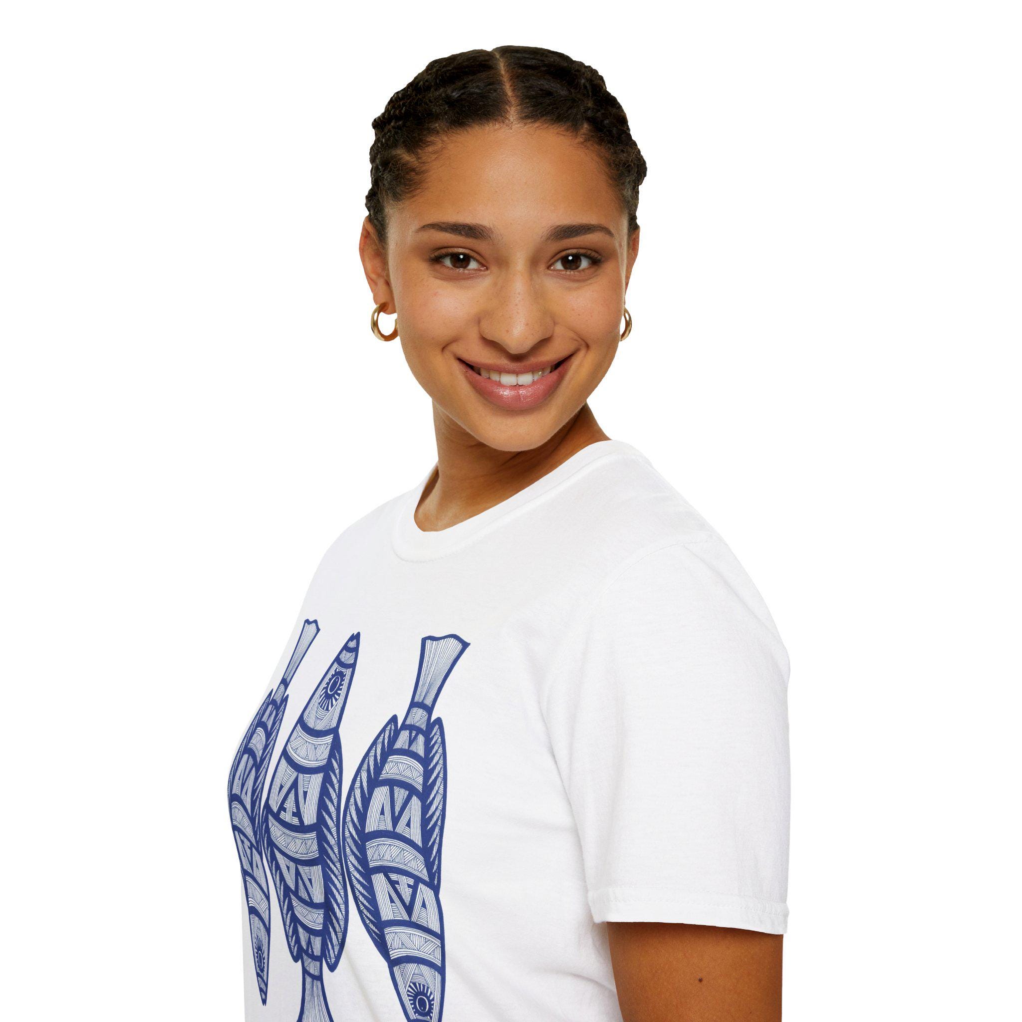 Tribal Blue Fish Illustration T-Shirt | Nautical Coastal Pattern