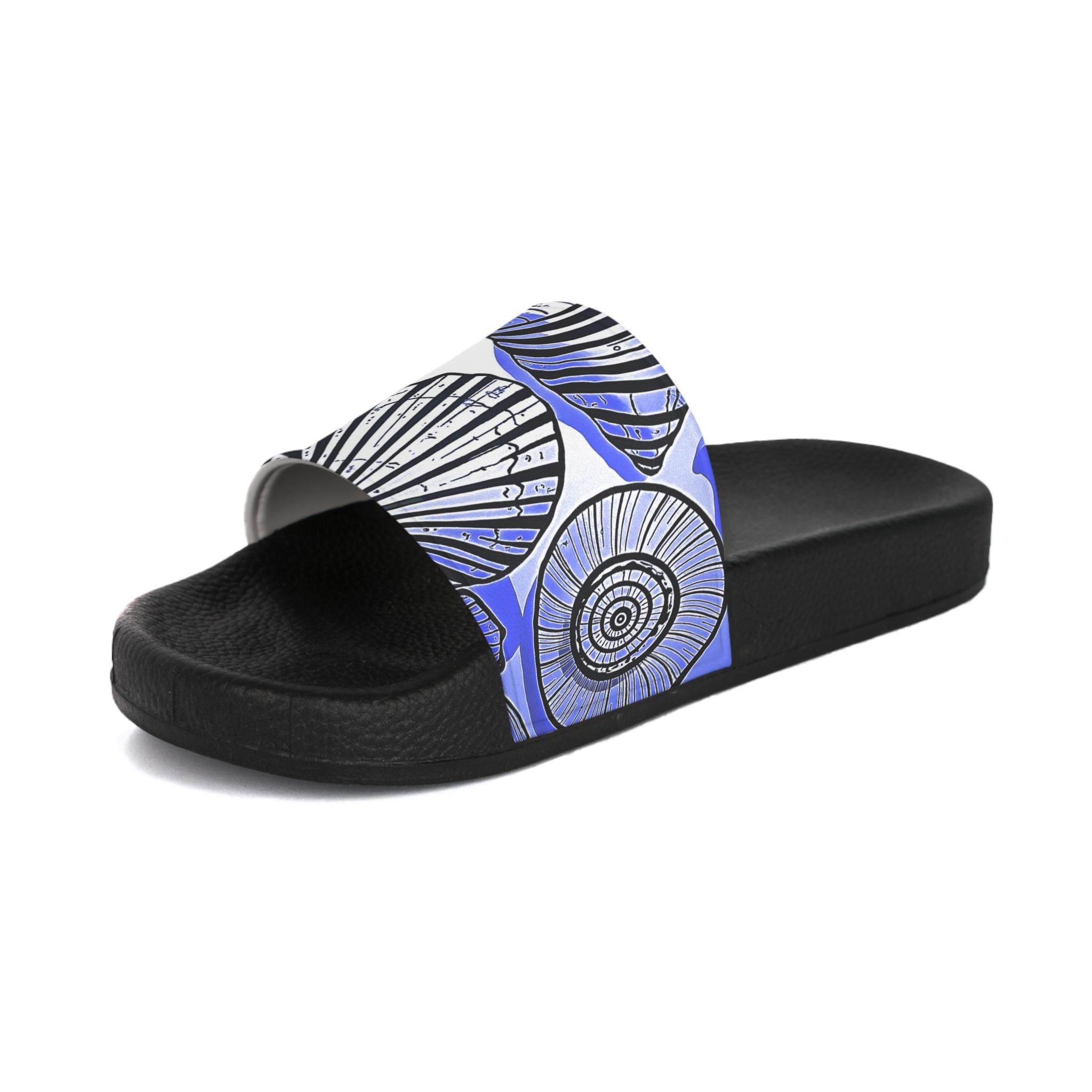 Nautical Seashell Pattern Slide Sandals | Blue Shell Graphic Slides