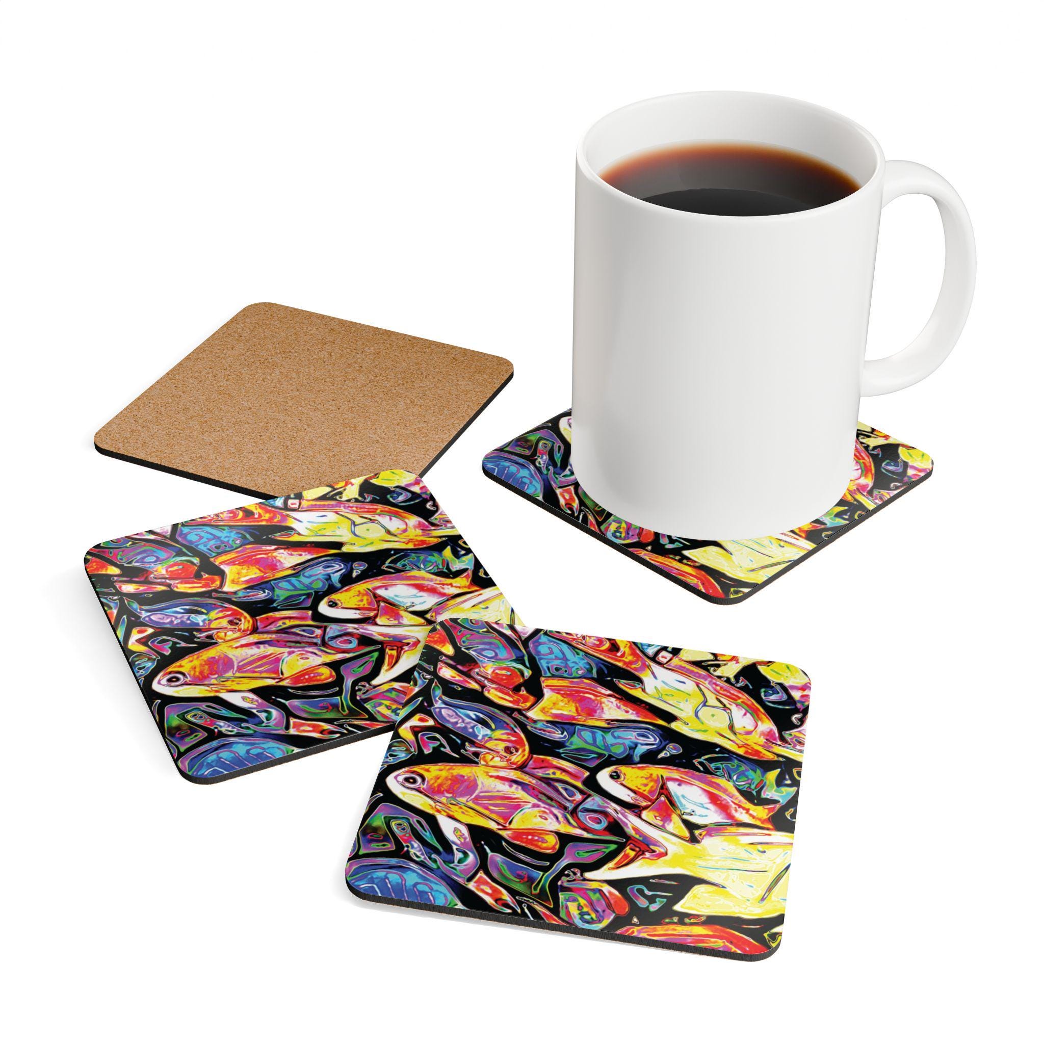 Colorful Reef Fish Cork Coaster Set | Vibrant School of Fish Drink Coasters