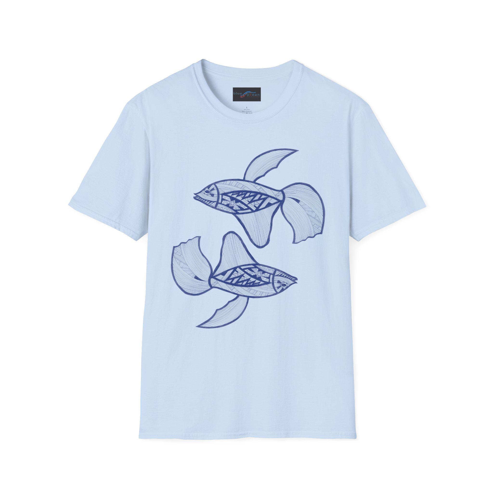 Hand-Drawn Koi Fish Illustration T-Shirt | Blue Line Art, Minimalist Aquatic