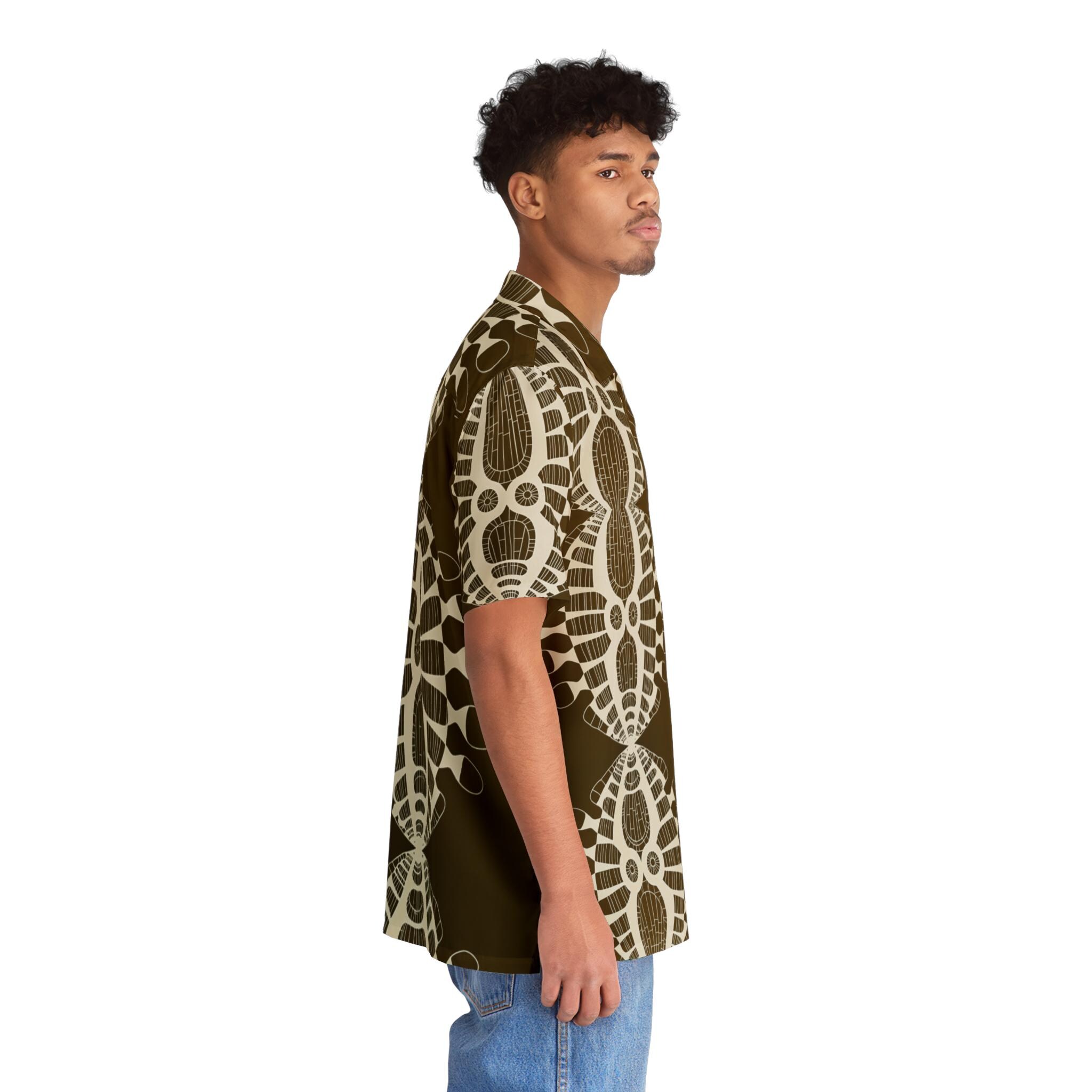 Tribal Geometric Pattern Hawaiian Shirt - Brown AOP