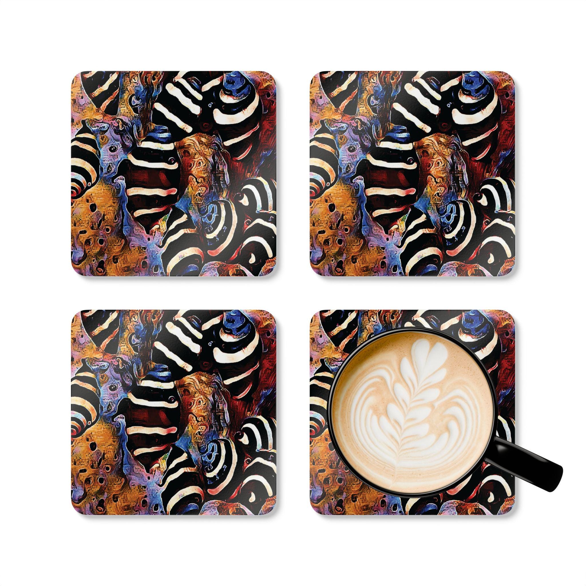 Abstract Nautical Shells Corkwood Coaster Set | Striped Seashell Art