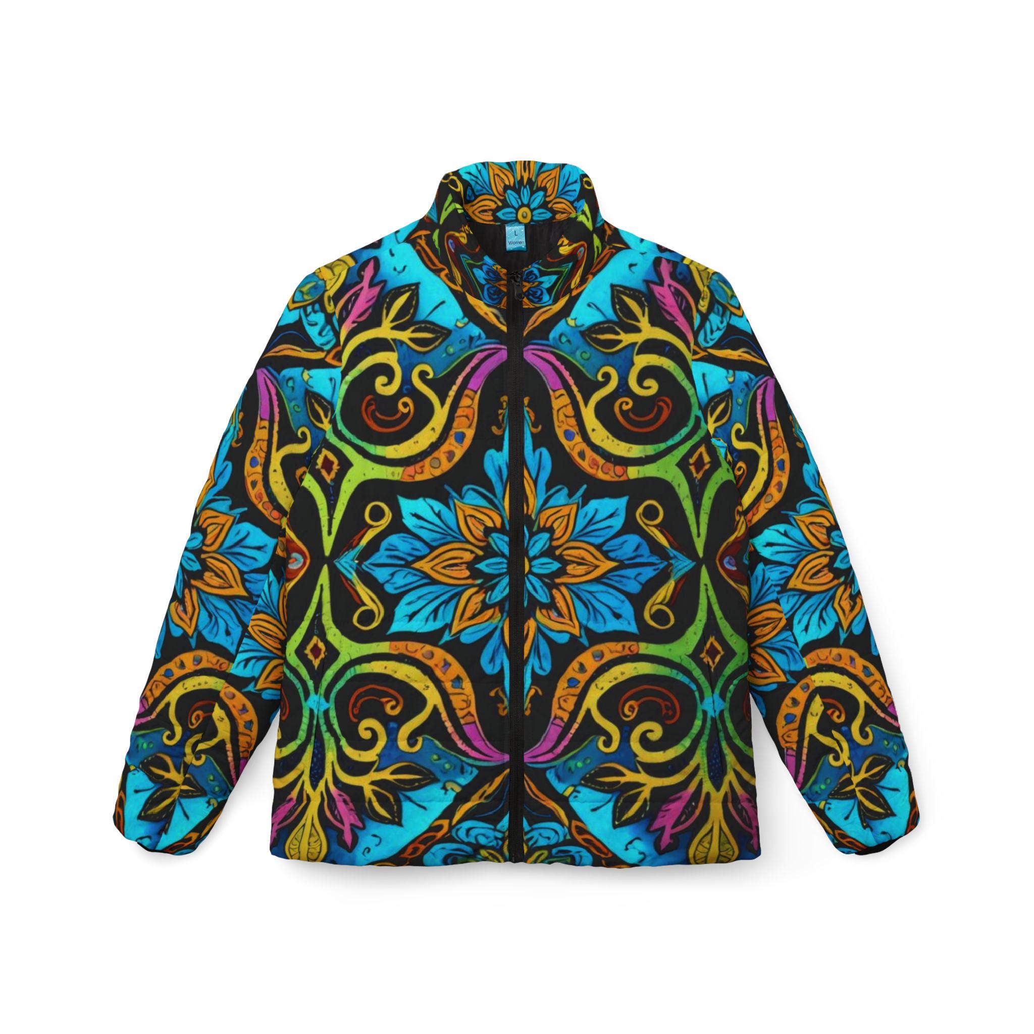 Island Garden Abstract Art Womens Puffer Jacket | Floral Abstract Print