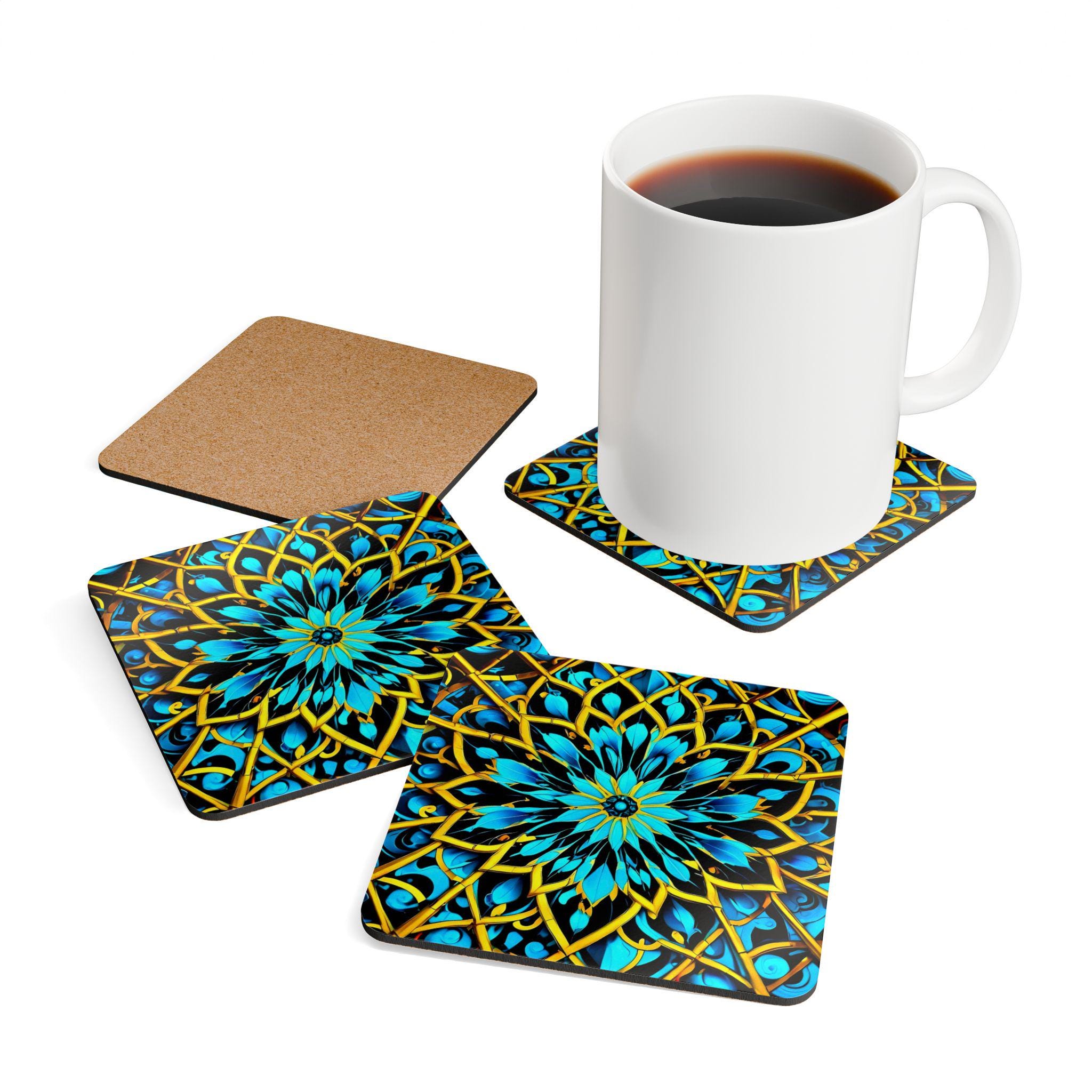 Teal Gold Mandala Corkwood Coaster Set | Floral Geometric Drink Coaster
