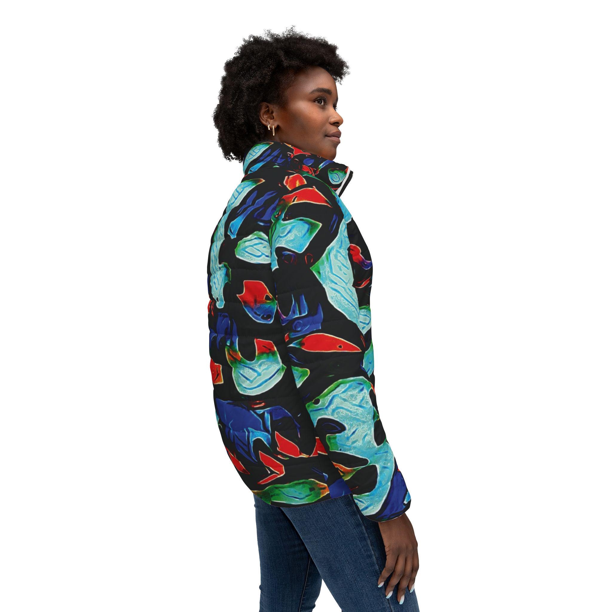 Abstract Ocean Waves Women’s Puffer Jacket — Colorful All-Over Print