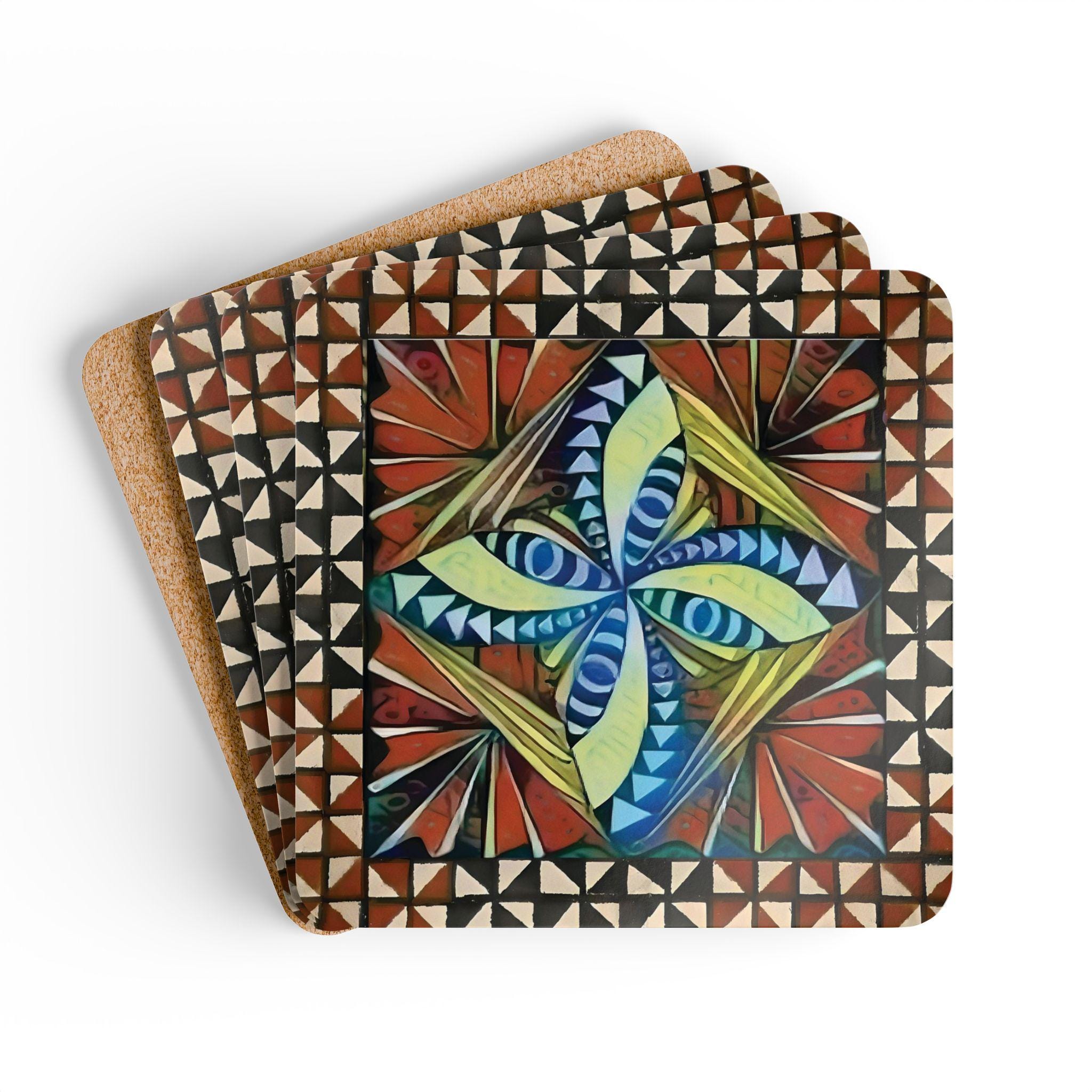Polynesian pattern Cork Coaster Set | Colorful Tribal Tile Design