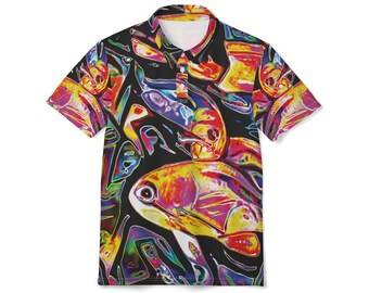 Psychedelisches Fisch-Muster-Polo-Shirt | Bunter tropischer Koi All-Over Print