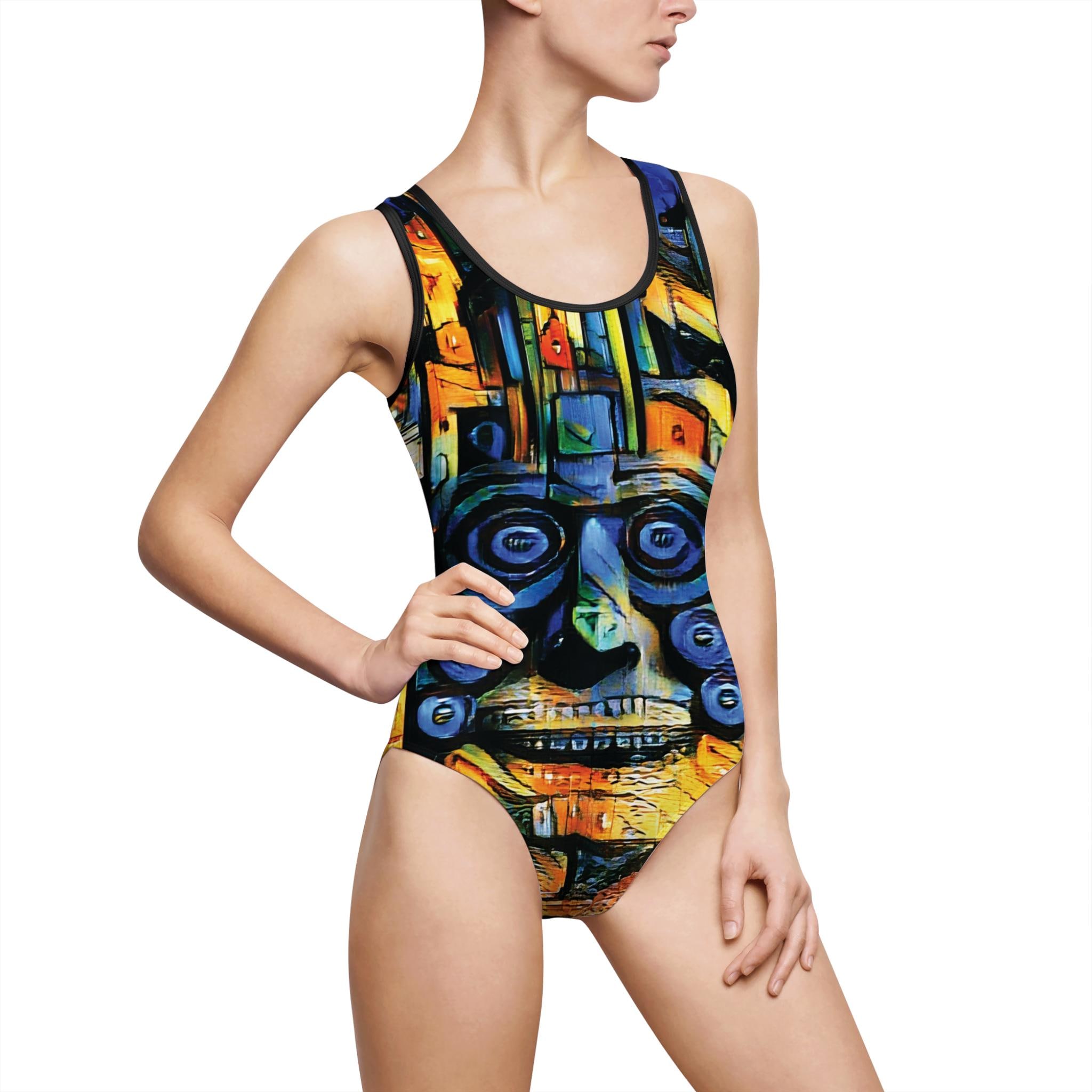 Colorful Tribal Mask Swimsuit | One-Piece Abstract Aztec Design