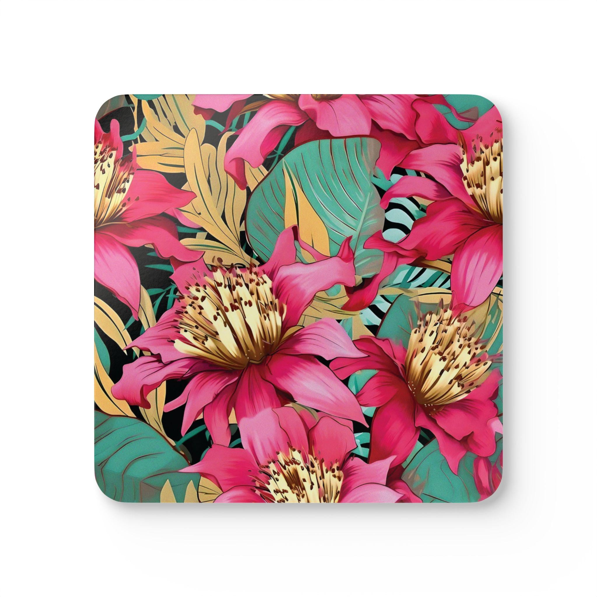 Pink Tropical Floral Cork Coaster Set | Square Corkwood Coasters